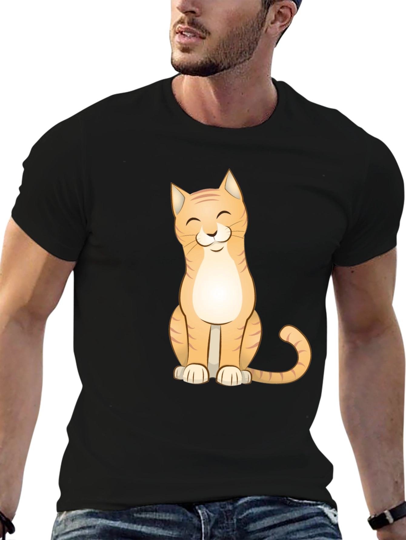 Cute Cat Graphic Tee - Black Cotton T-Shirt