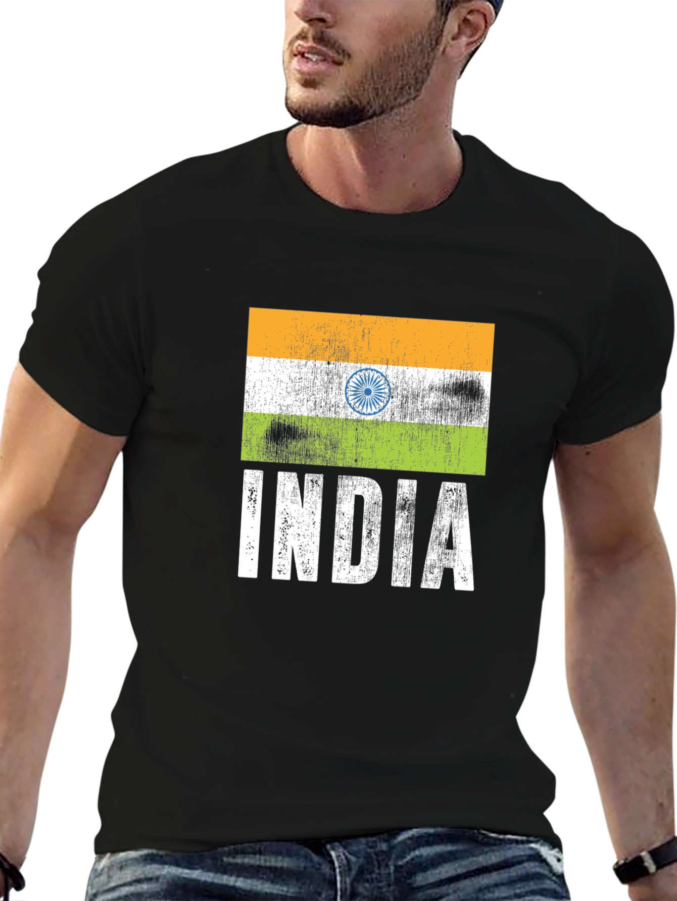 India Flag Graphic Tee - Black Cotton T-Shirt