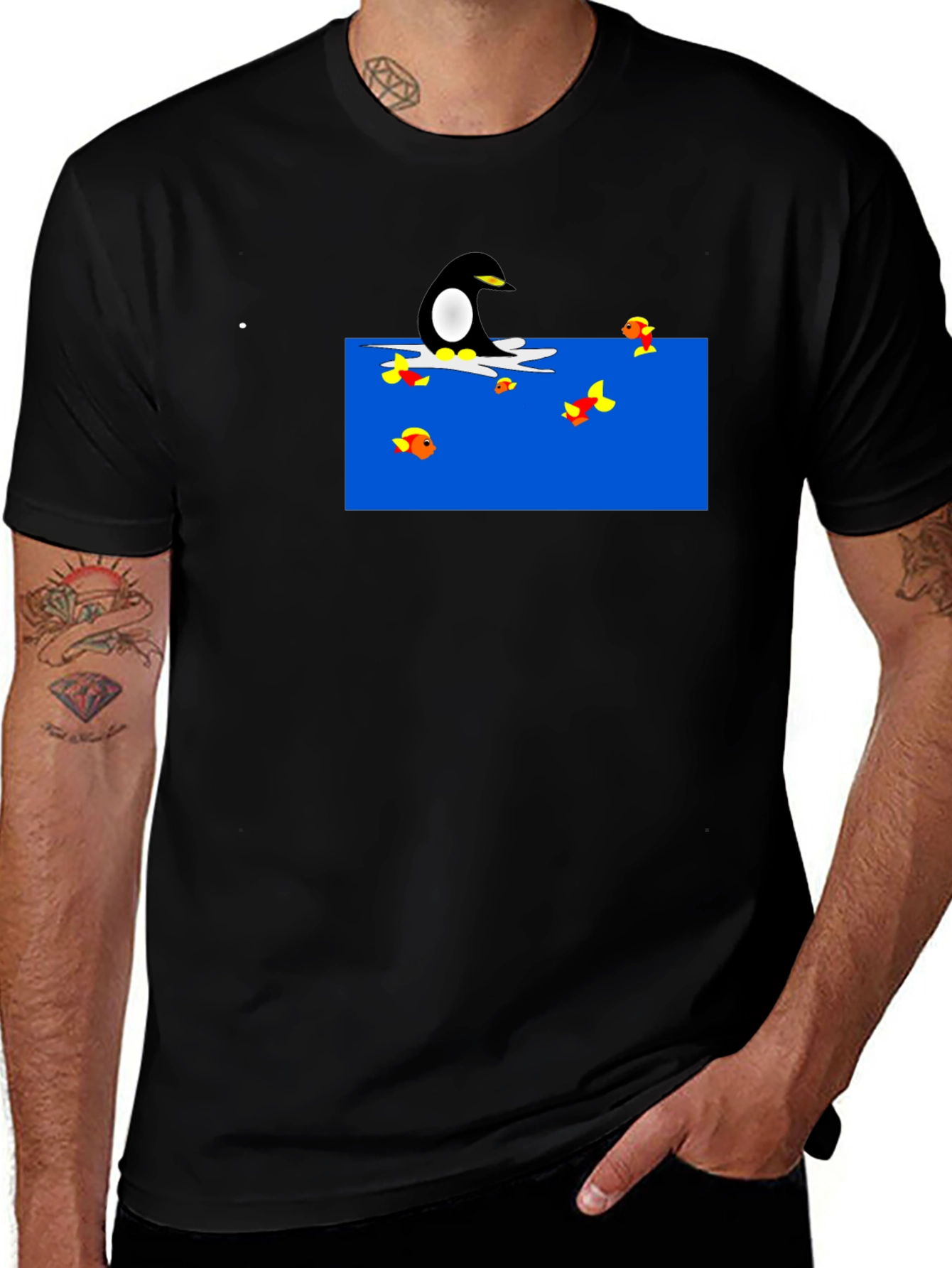 Penguin Fishing Cartoon Black T-Shirt