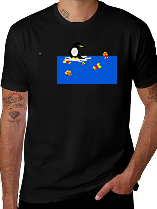 Penguin Fishing Cartoon Black T-Shirt