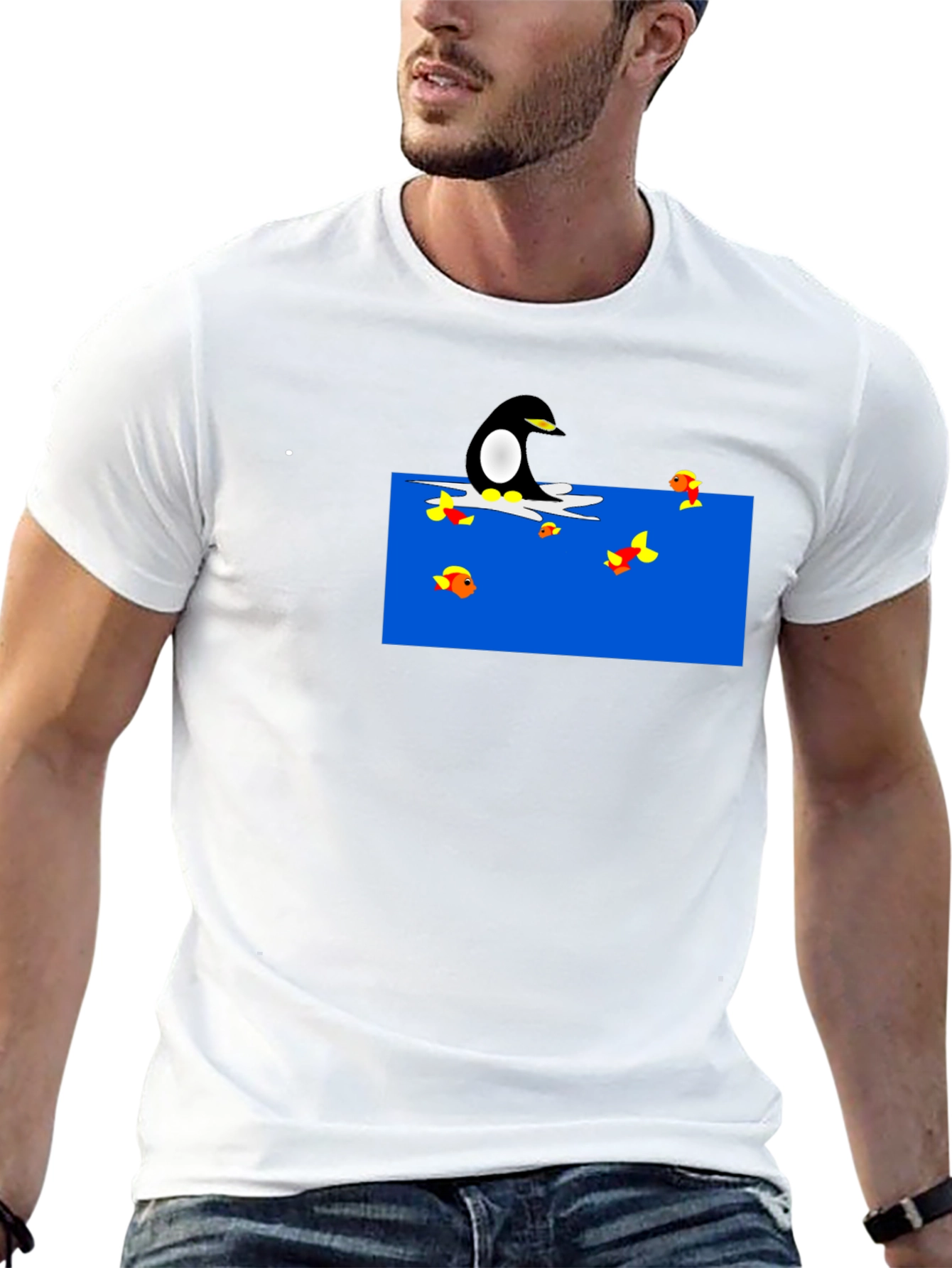 Penguin Fishing Cartoon Black T-Shirt