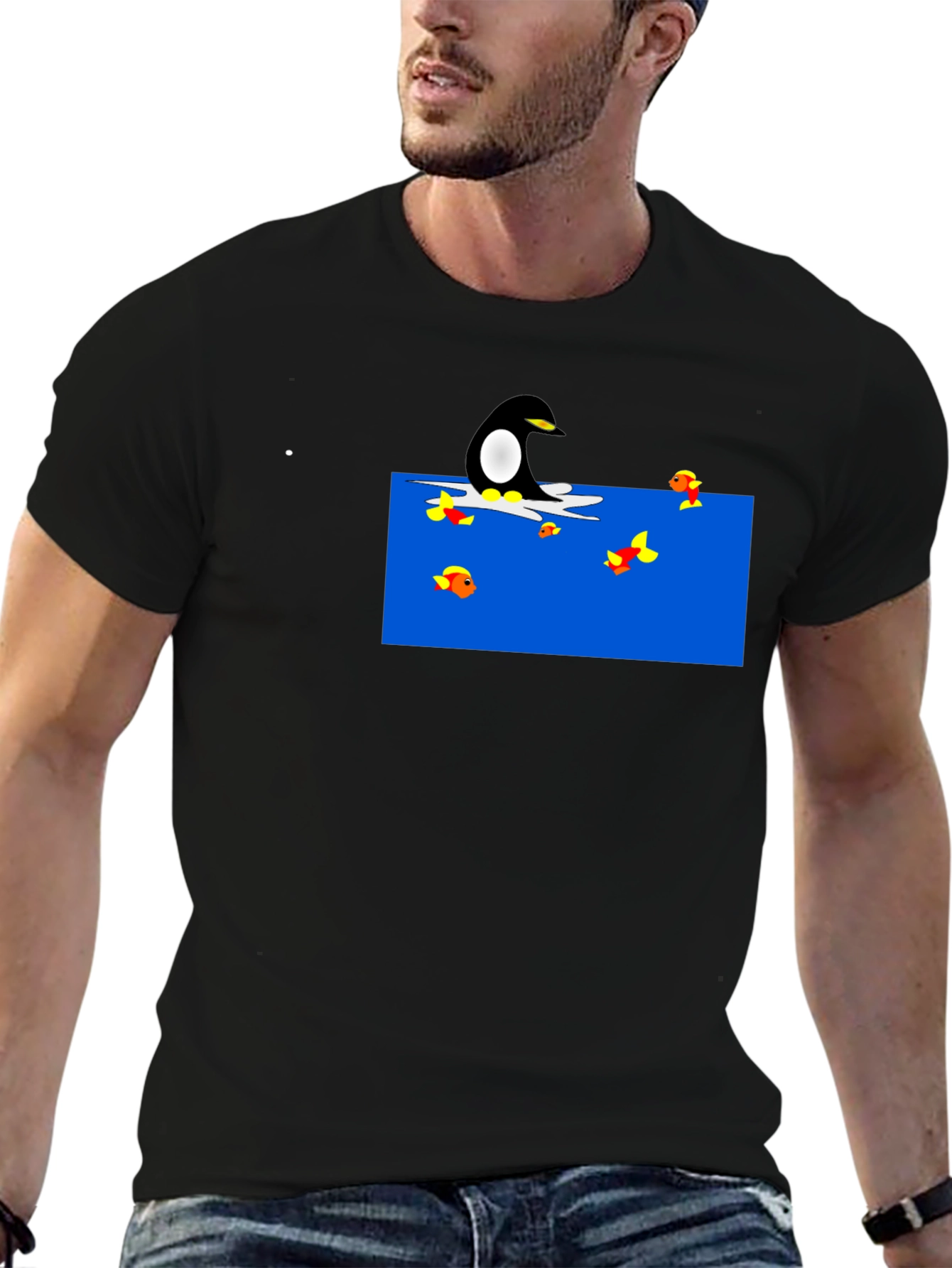 Penguin Fishing Cartoon Black T-Shirt