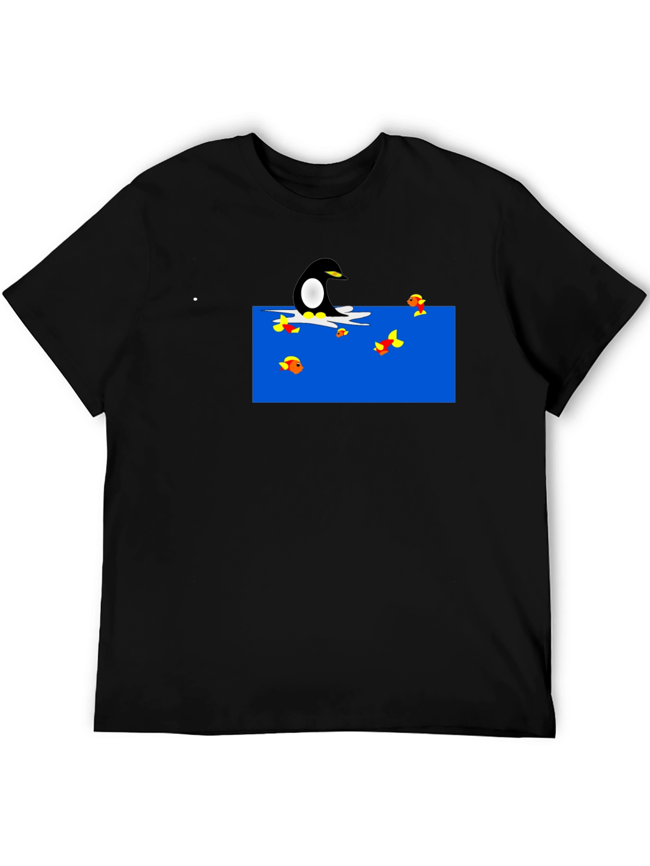 Penguin Fishing Cartoon Black T-Shirt