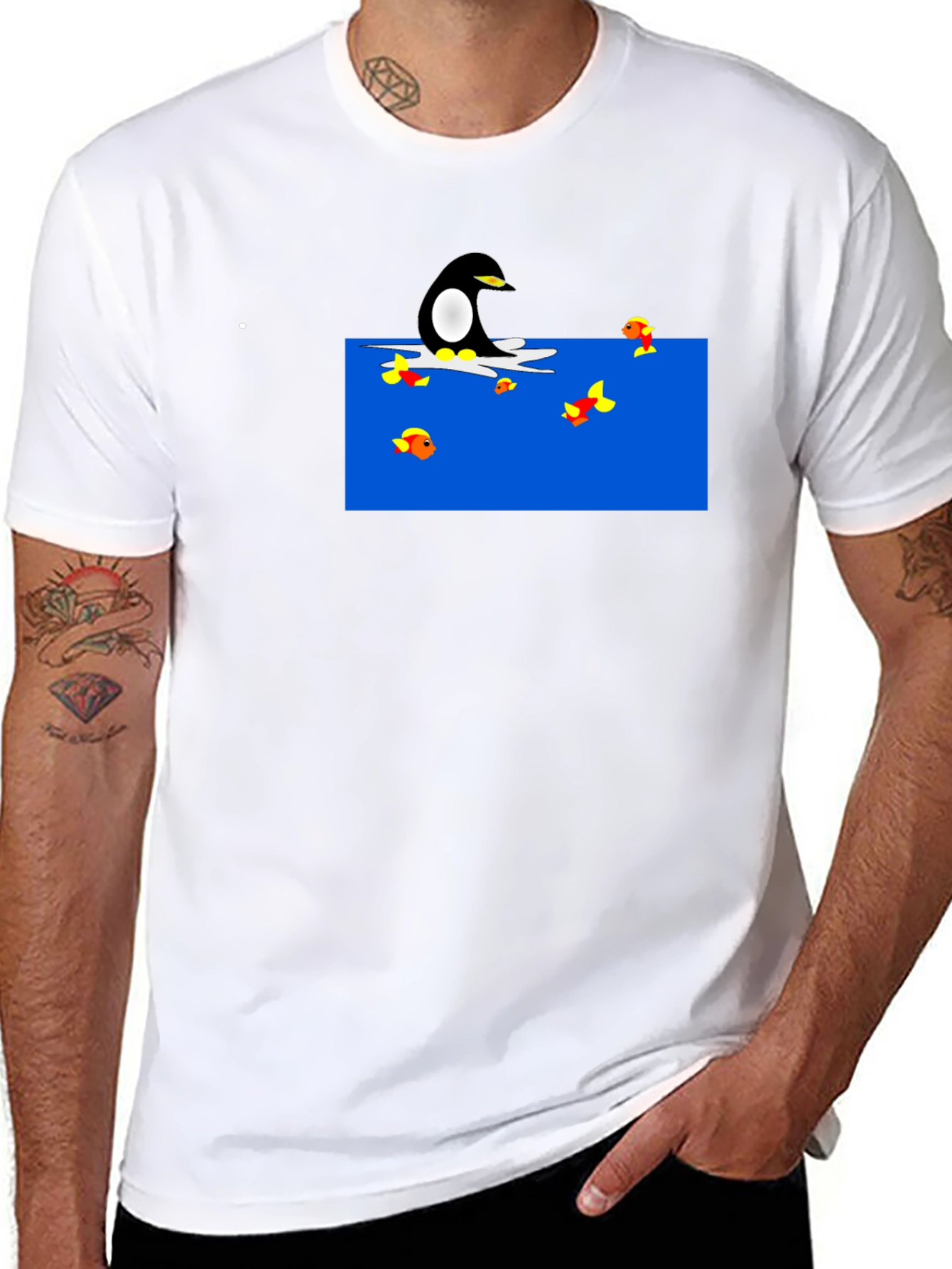 Penguin Fishing Cartoon Black T-Shirt