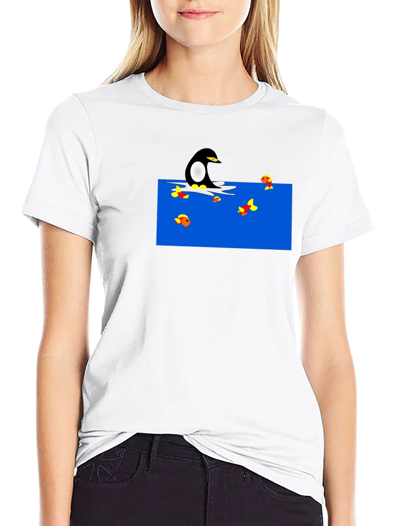 Penguin Fishing Cartoon Black T-Shirt