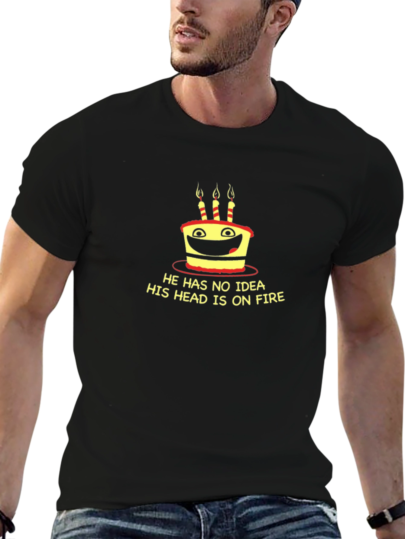 Funny Cake On Fire Graphic Tee - Black T-Shirt