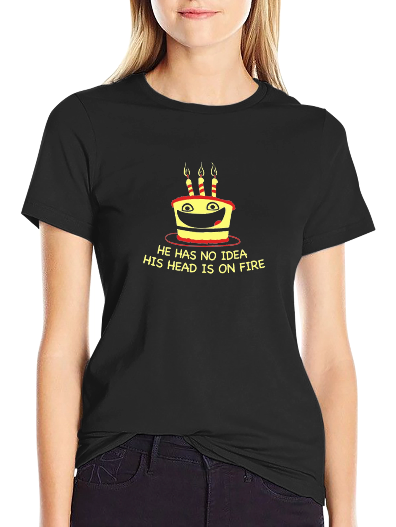 Funny Cake On Fire Graphic Tee - Black T-Shirt
