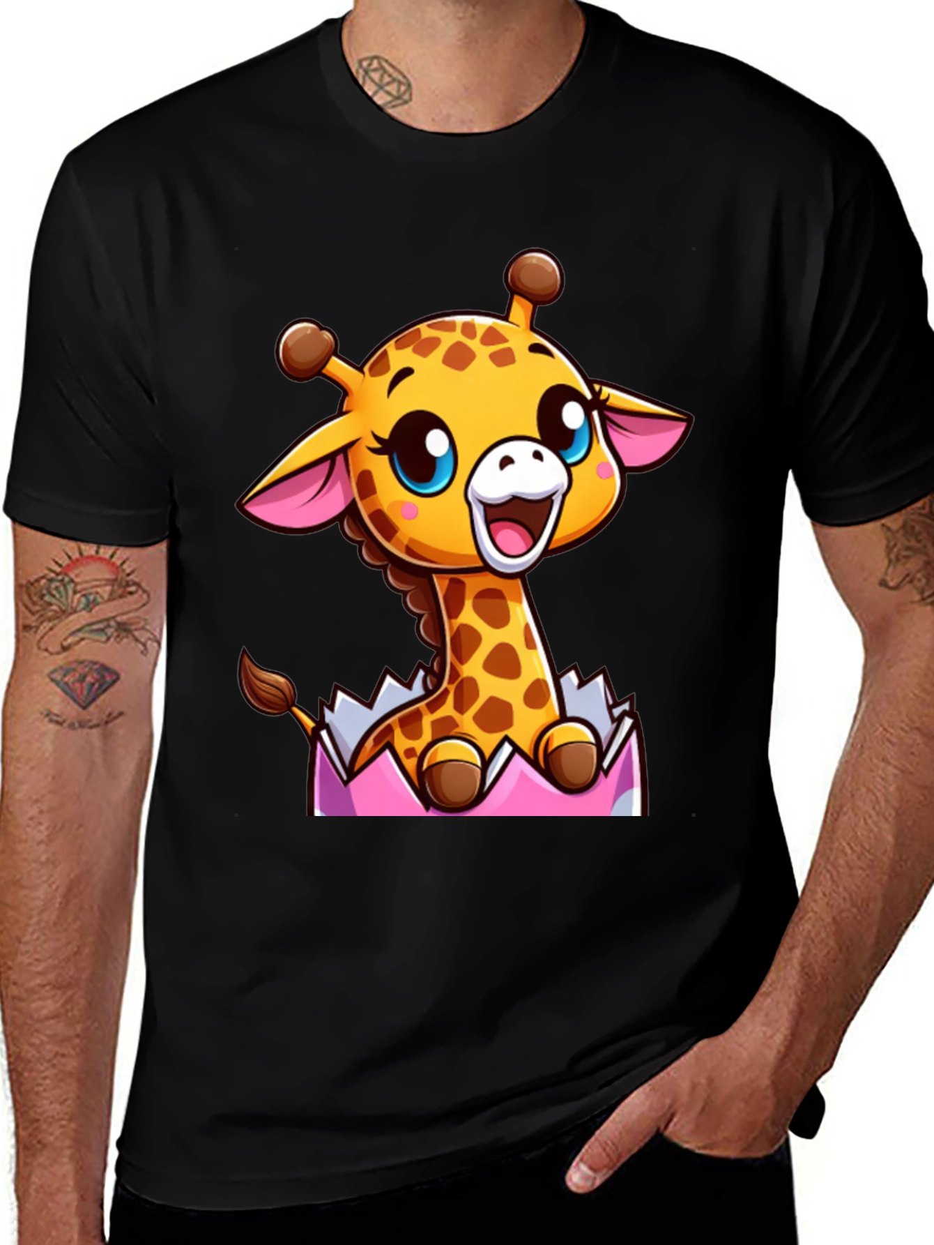 Cute Cartoon Giraffe Black T-Shirt