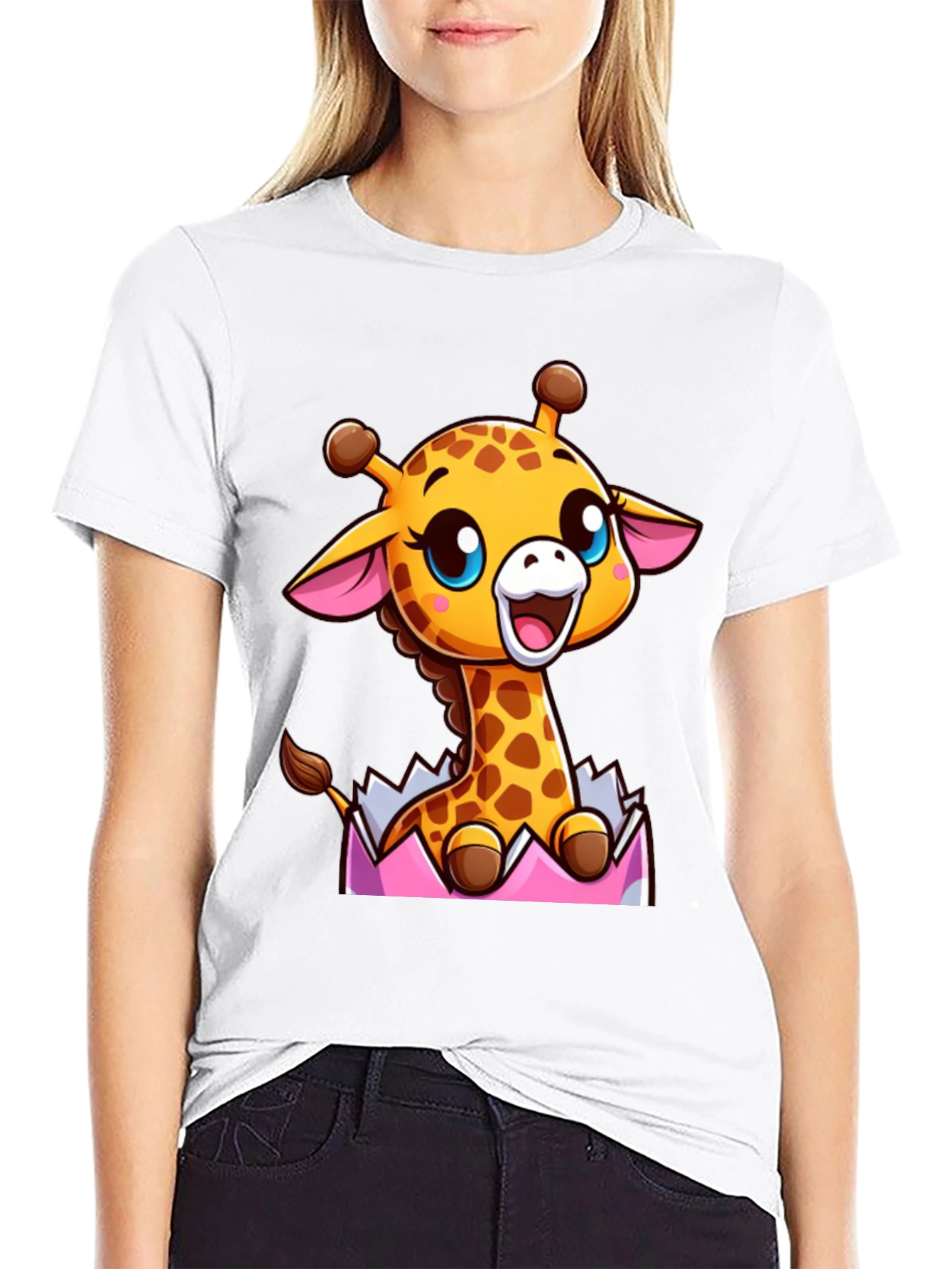 Cute Cartoon Giraffe Black T-Shirt