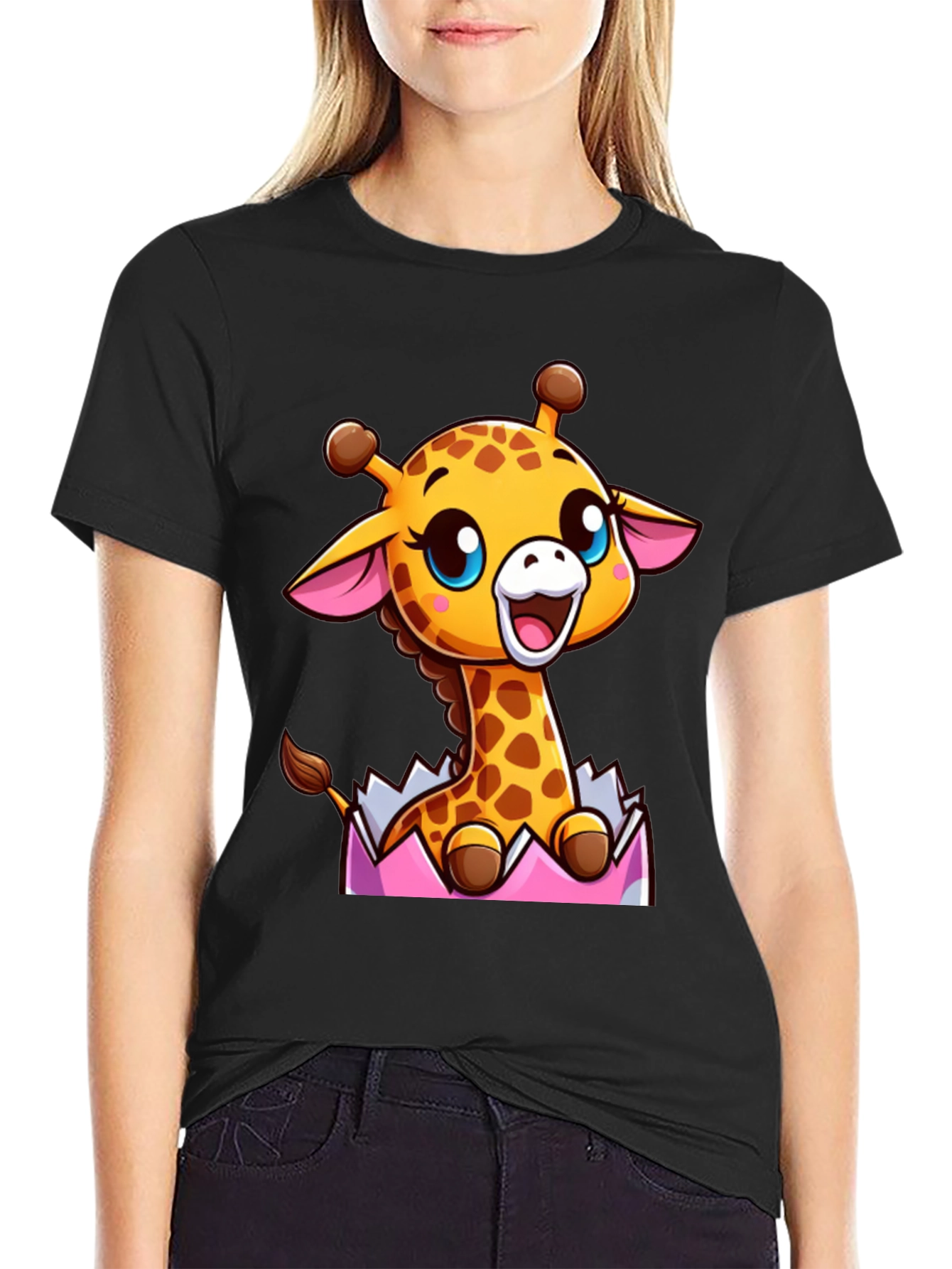 Cute Cartoon Giraffe Black T-Shirt