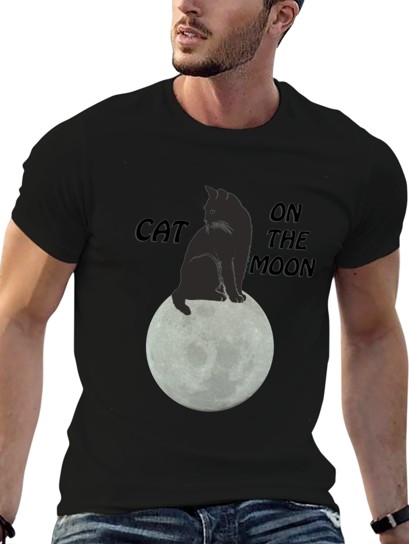 Cat On The Moon Graphic T-Shirt - Black