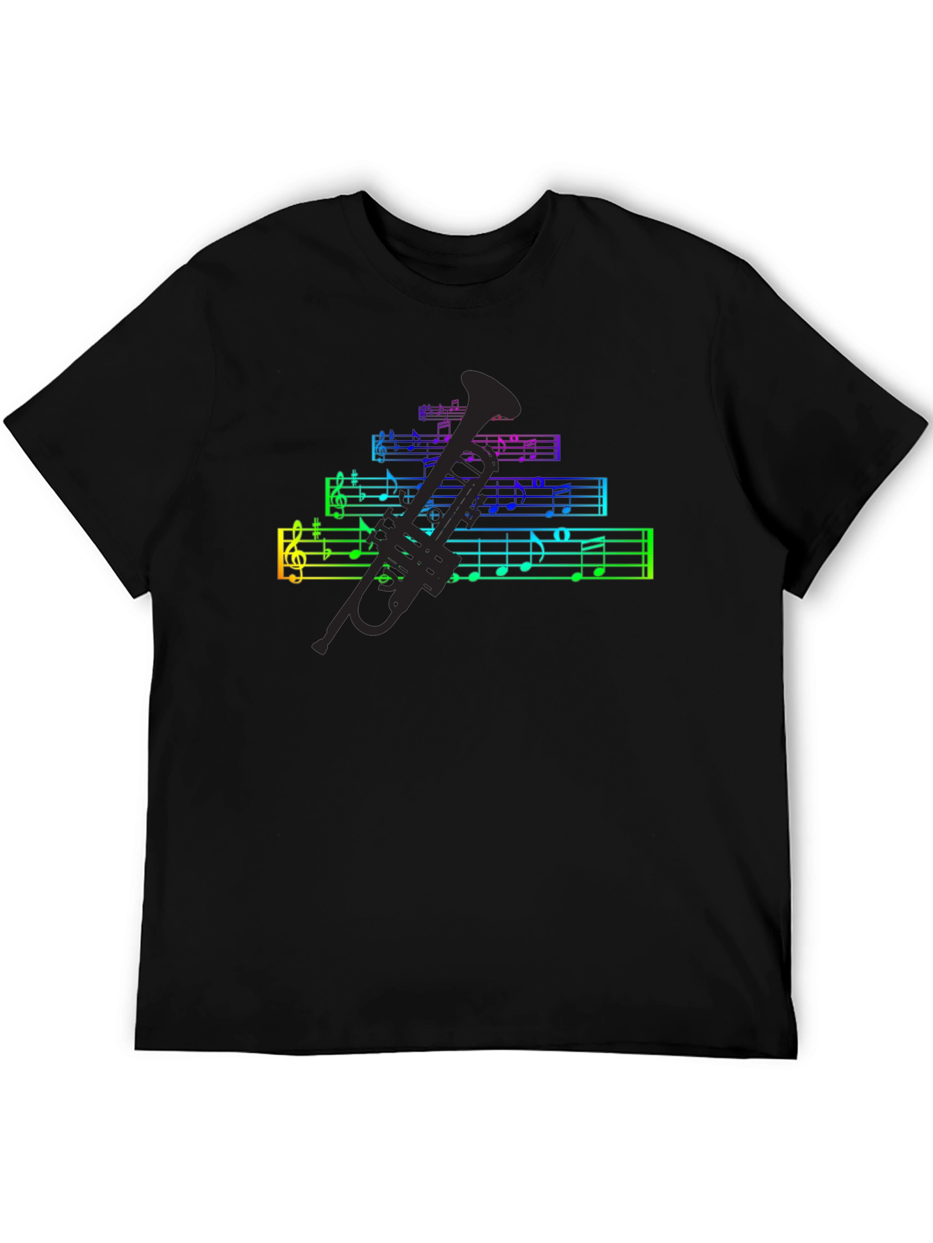 Rainbow Music Notes & Trumpet Black T-Shirt