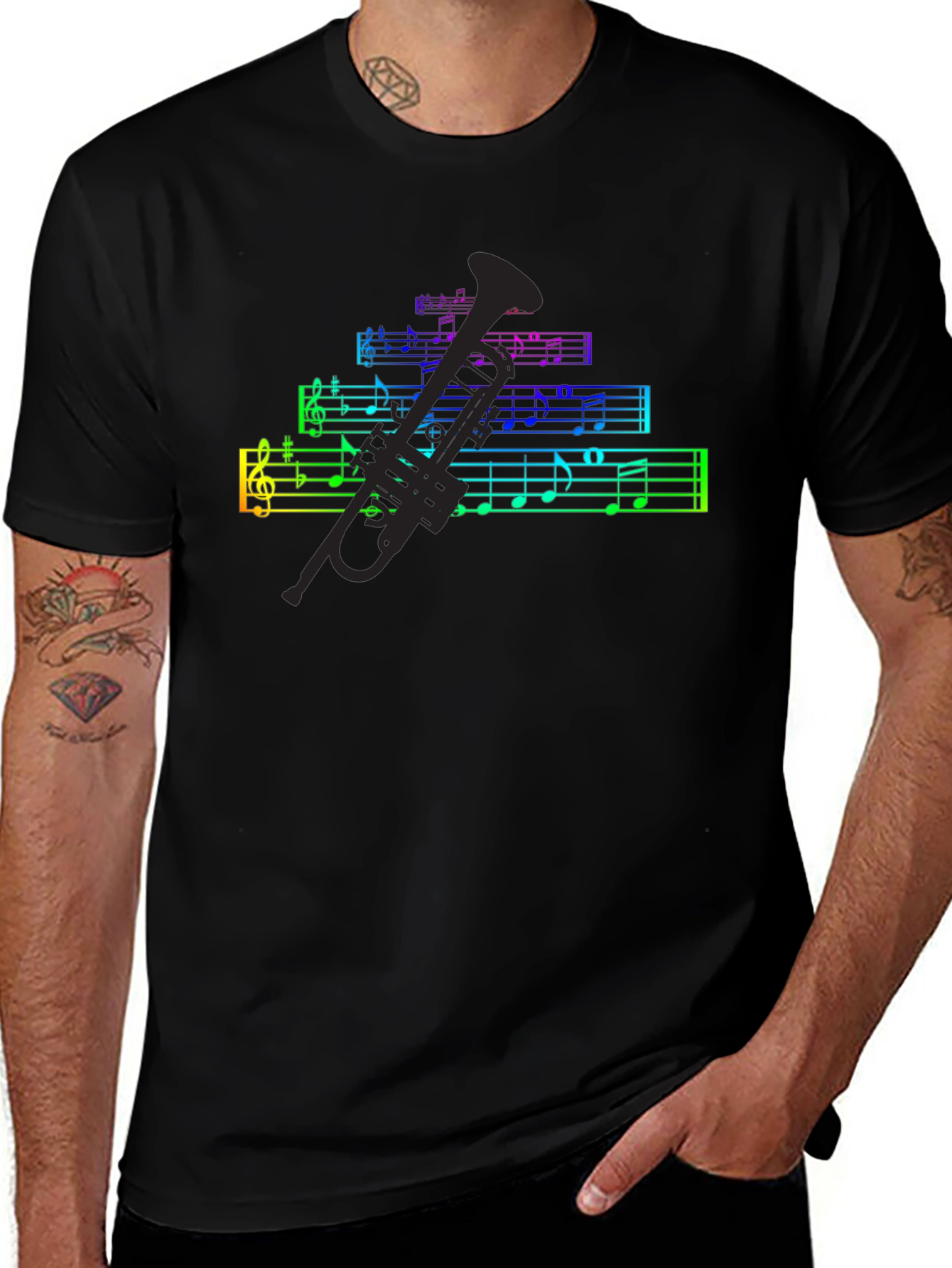 Rainbow Music Notes & Trumpet Black T-Shirt