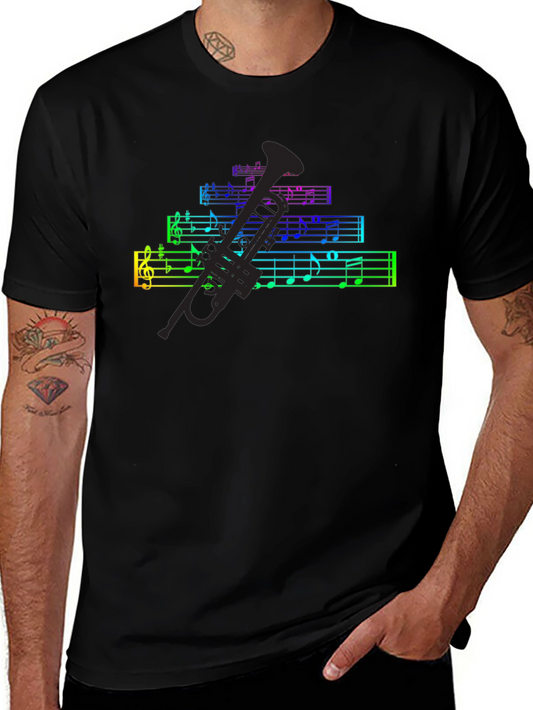 Rainbow Music Notes & Trumpet Black T-Shirt