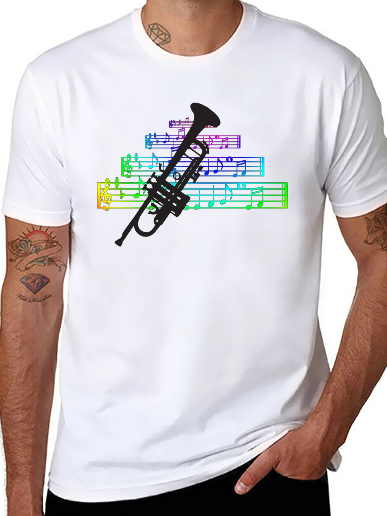 Rainbow Music Notes & Trumpet Black T-Shirt