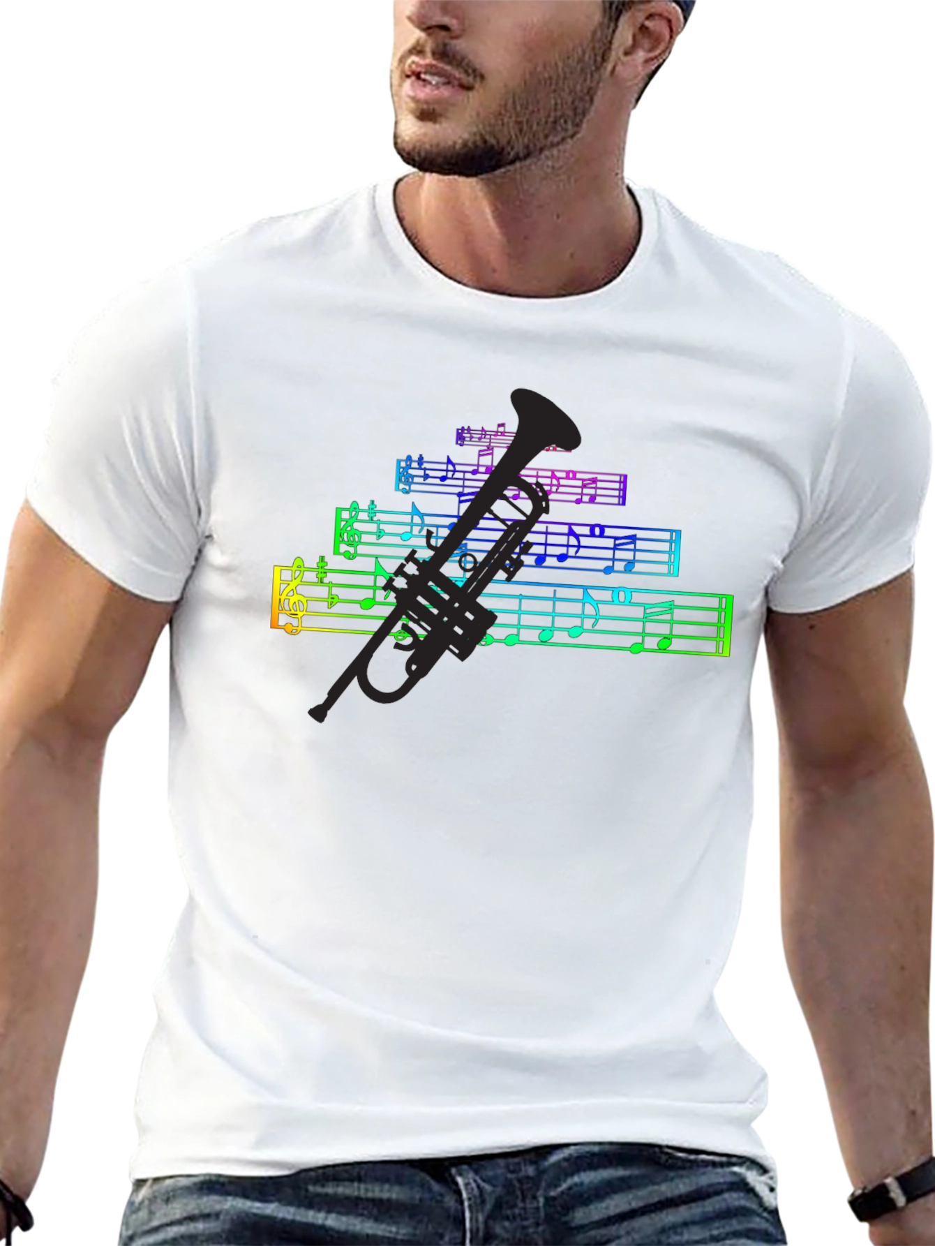 Rainbow Music Notes & Trumpet Black T-Shirt