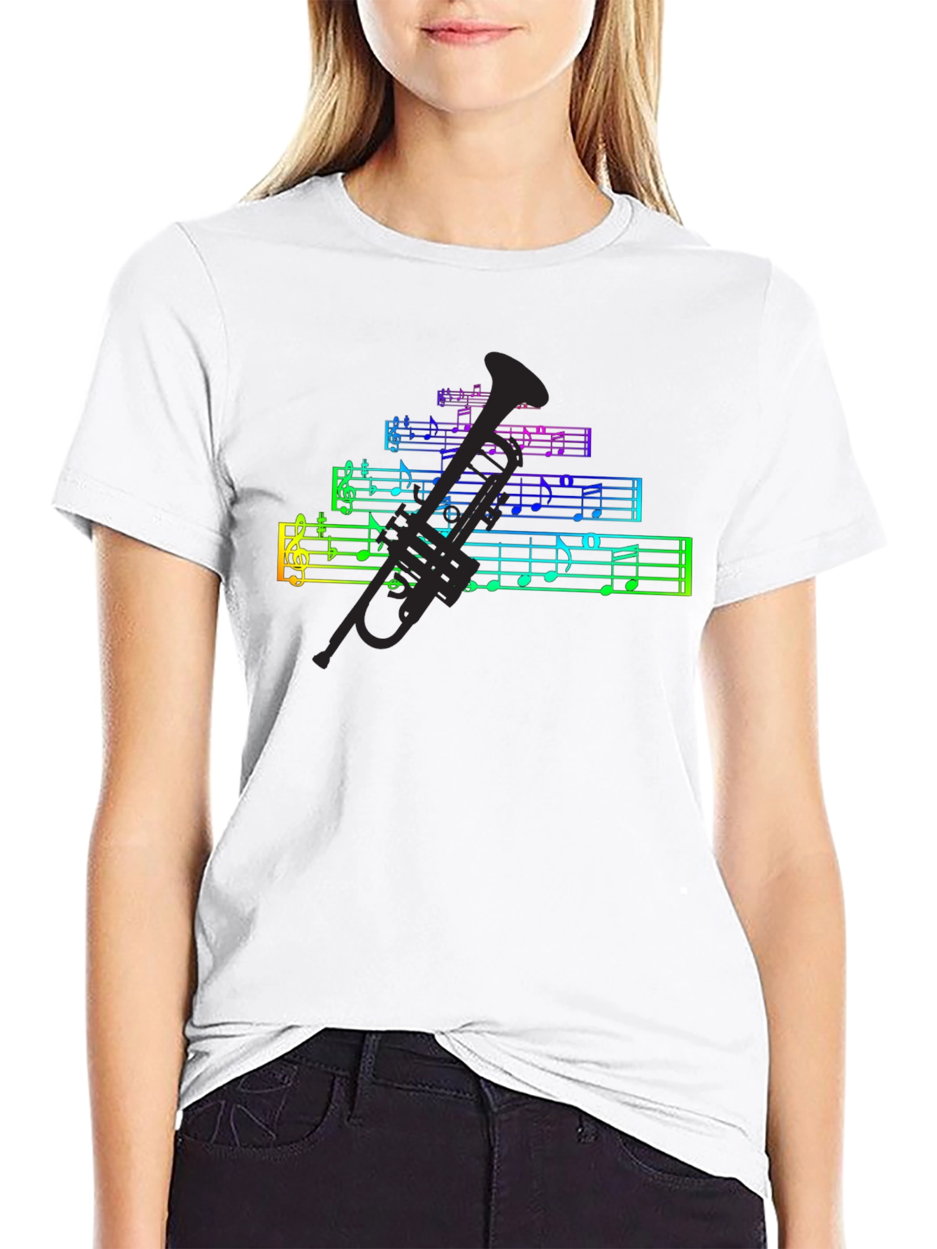 Rainbow Music Notes & Trumpet Black T-Shirt