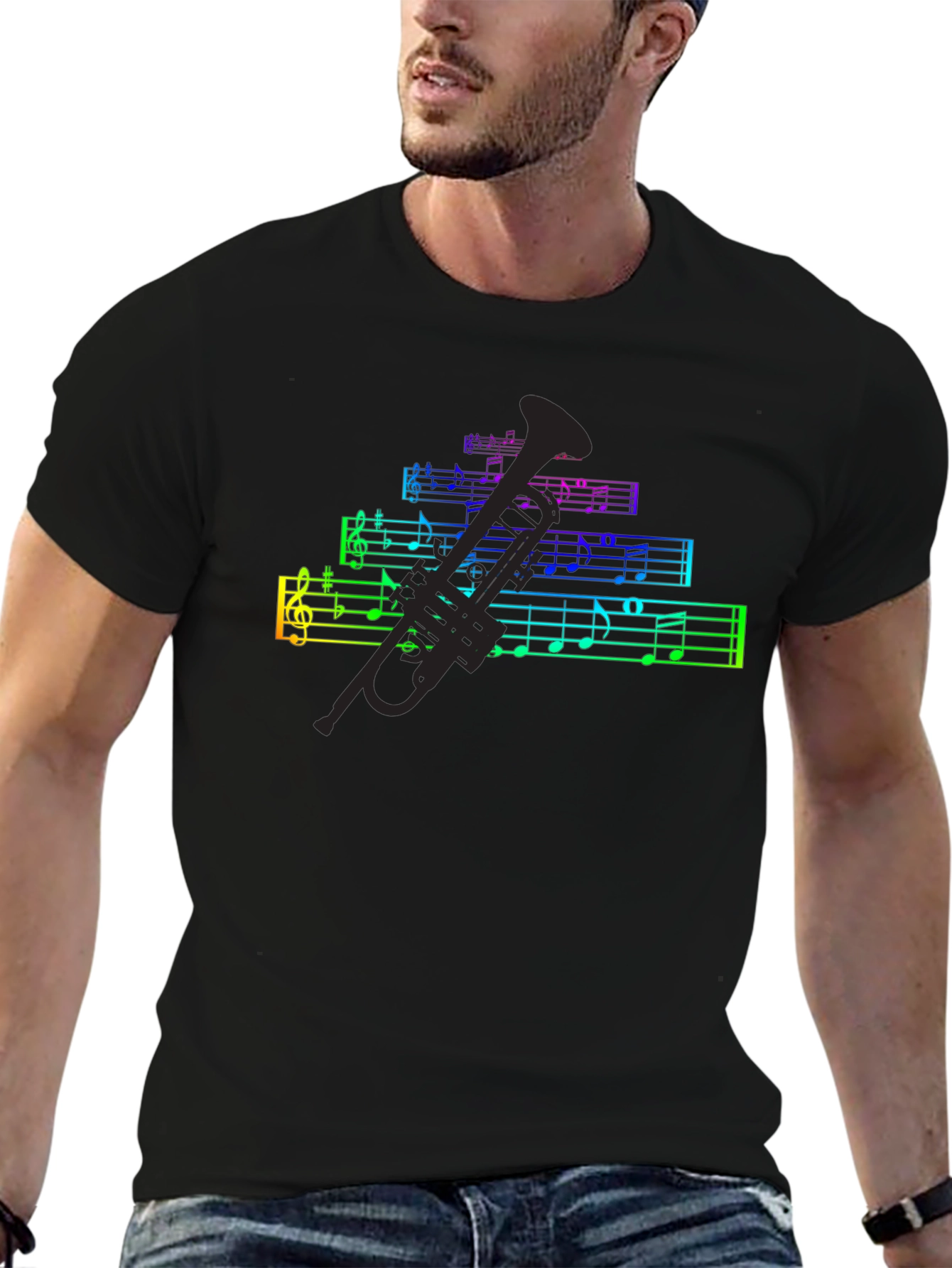 Rainbow Music Notes & Trumpet Black T-Shirt