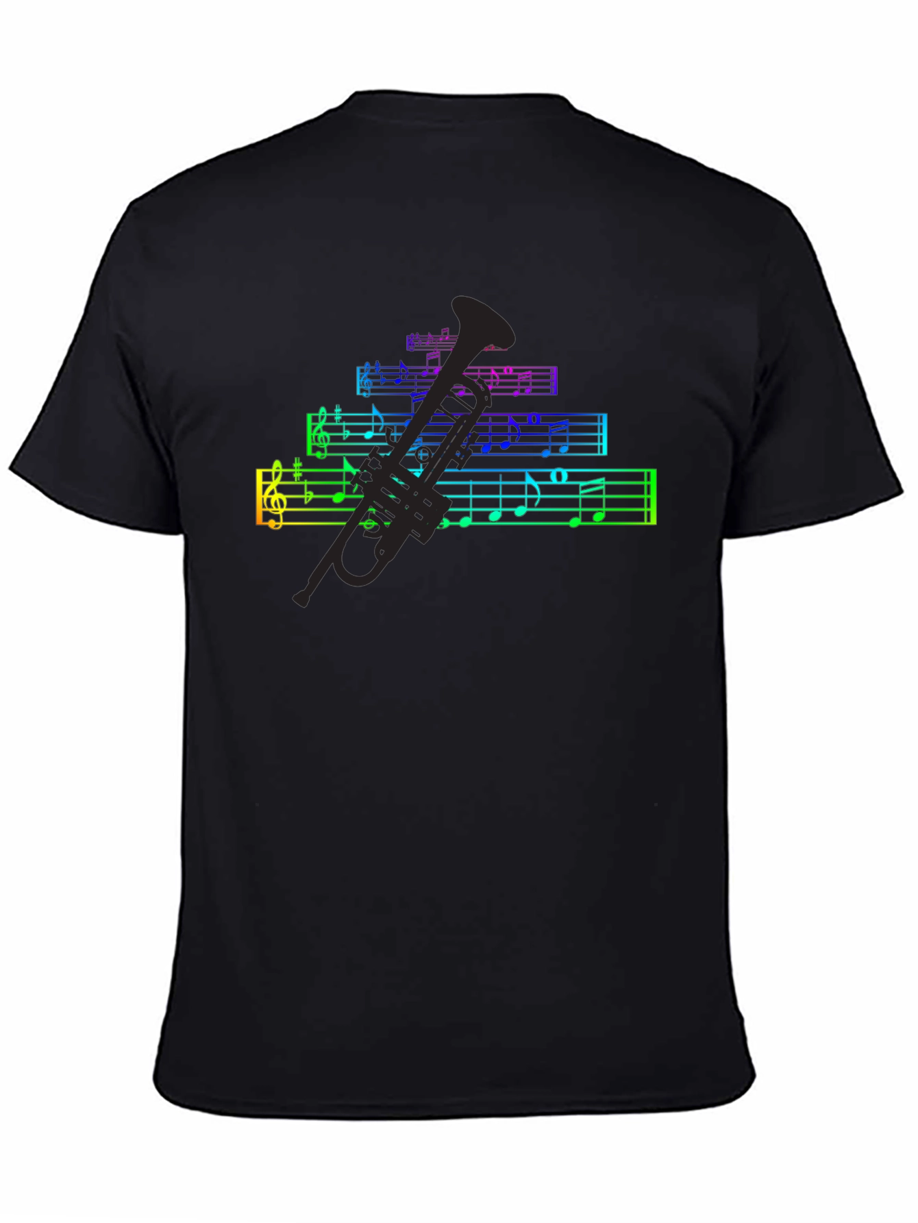 Rainbow Music Notes & Trumpet Black T-Shirt