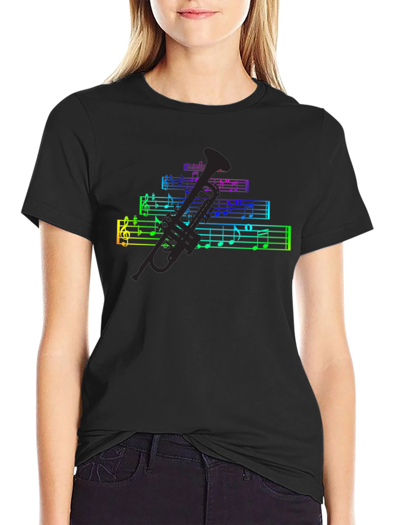 Rainbow Music Notes & Trumpet Black T-Shirt