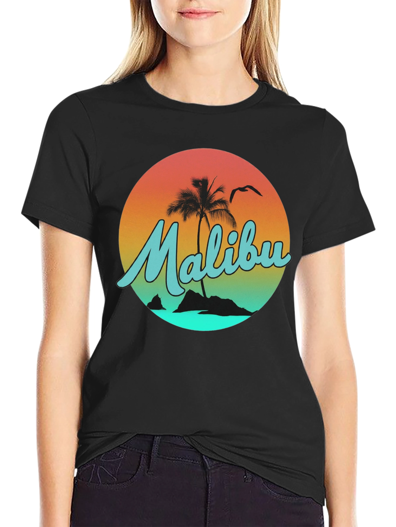 Malibu Sunset Graphic Tee - Relaxed Fit Black T-Shirt
