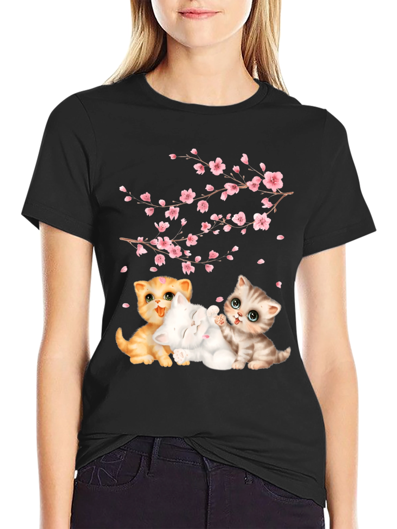 Cute Kittens & Cherry Blossoms Black T-Shirt
