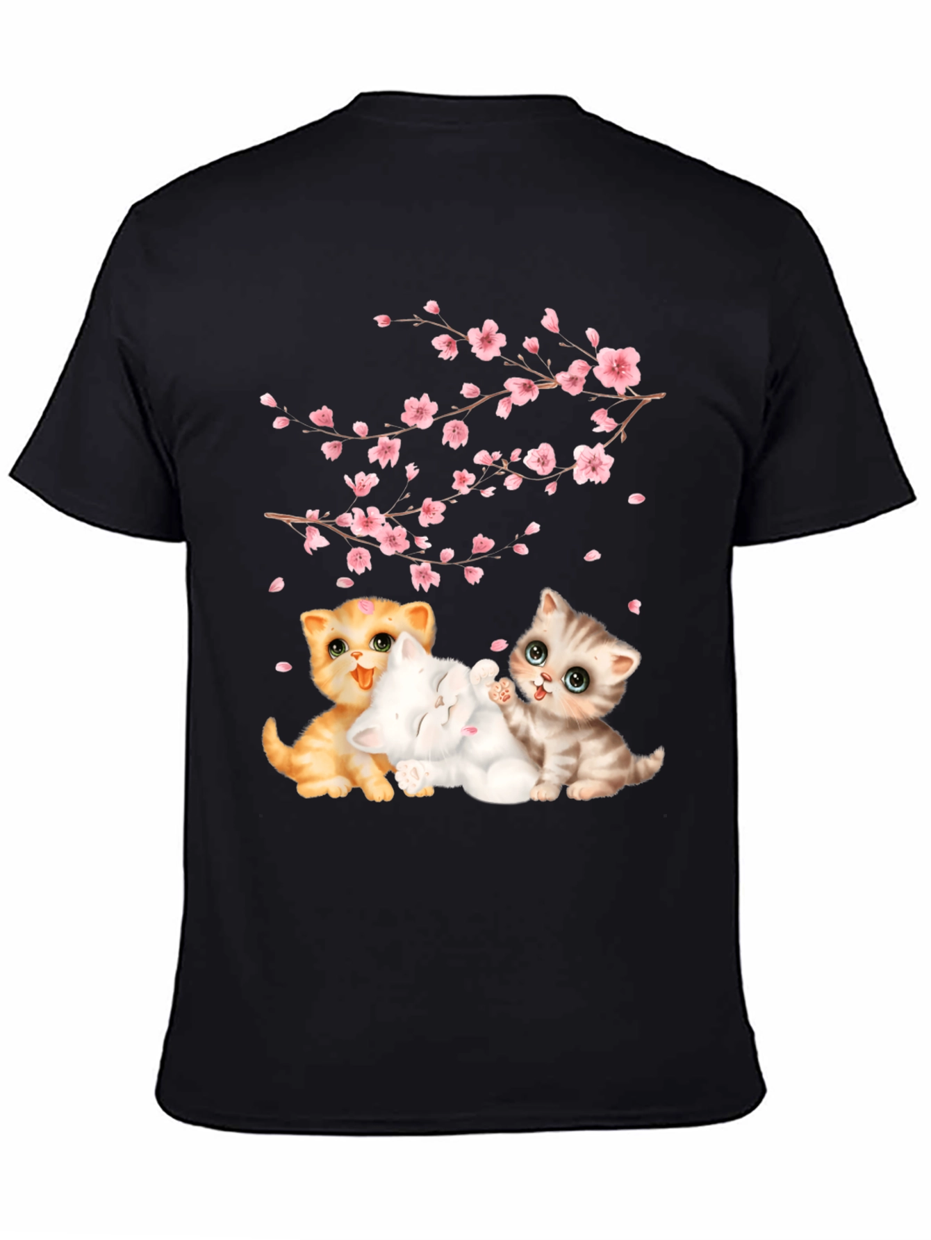 Cute Kittens & Cherry Blossoms Black T-Shirt