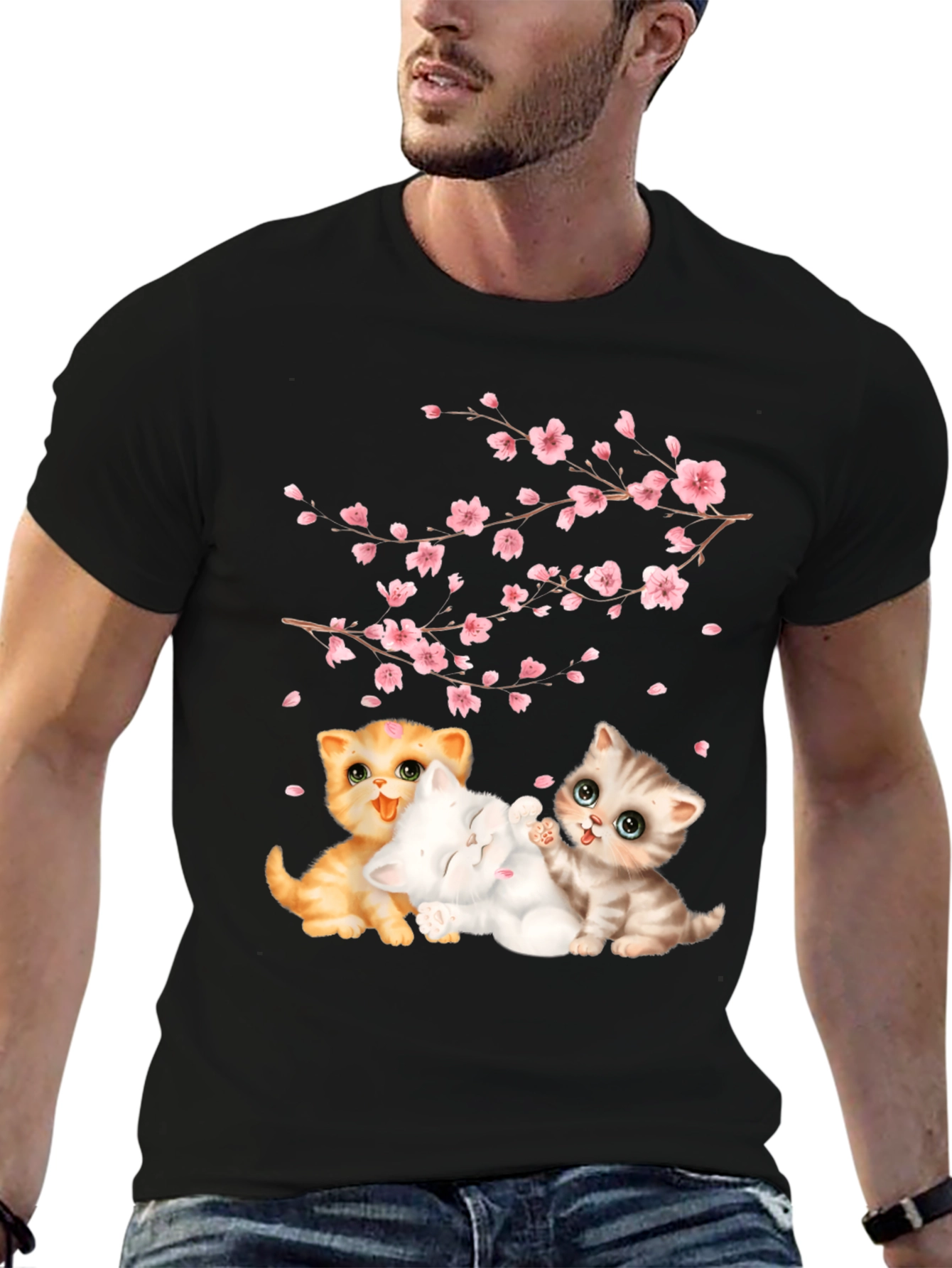 Cute Kittens & Cherry Blossoms Black T-Shirt