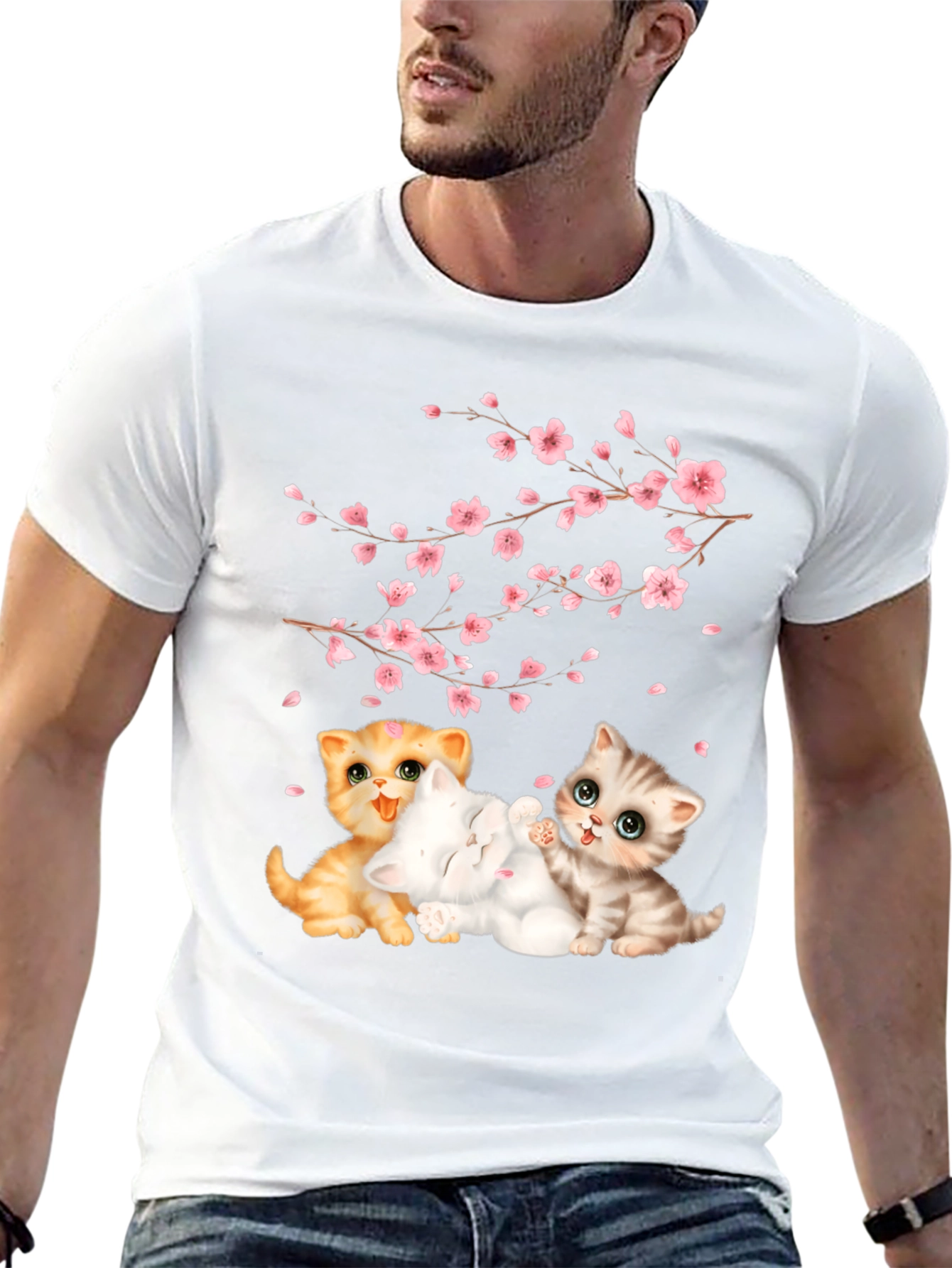 Cute Kittens & Cherry Blossoms Black T-Shirt