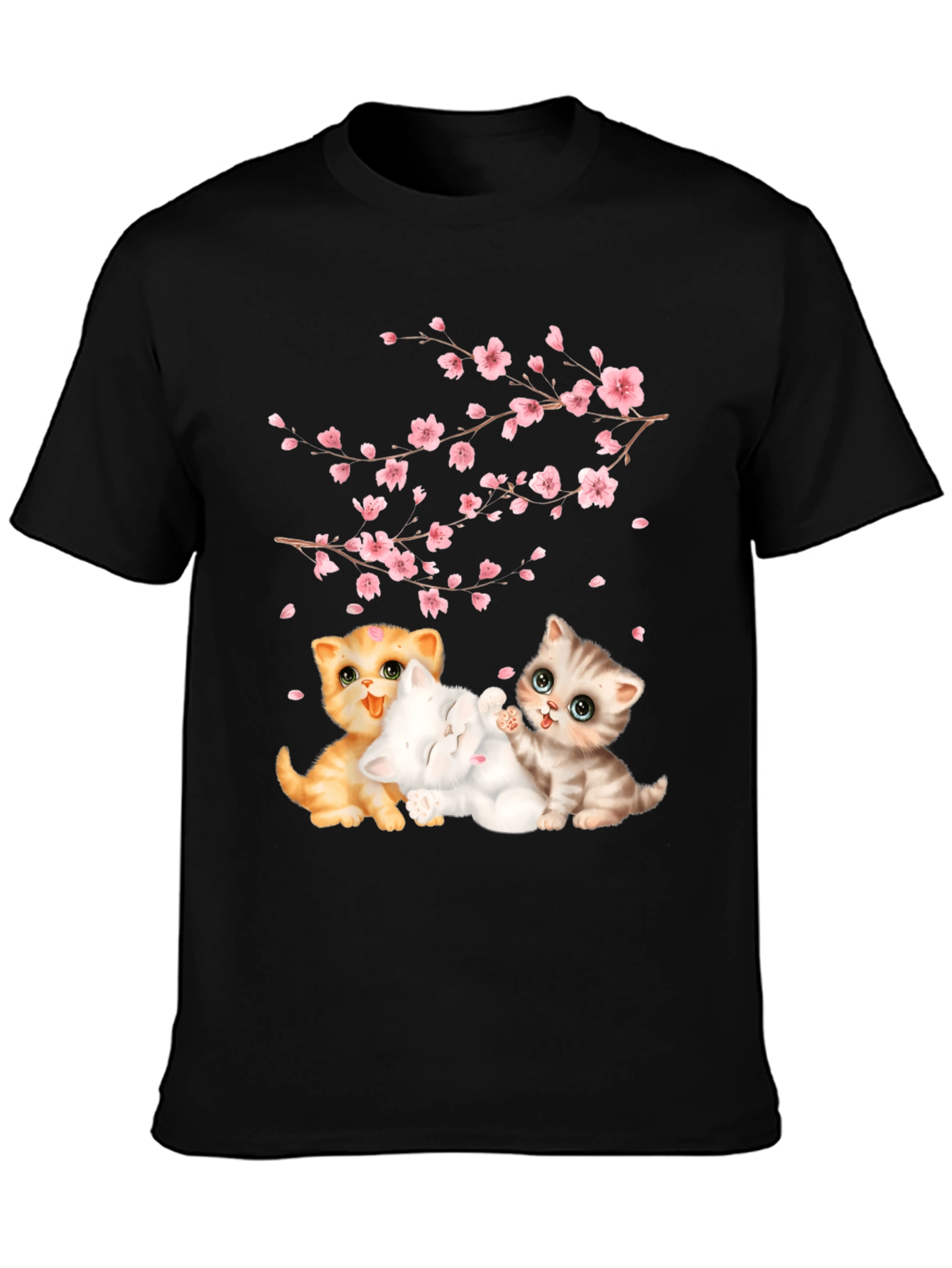 Cute Kittens & Cherry Blossoms Black T-Shirt