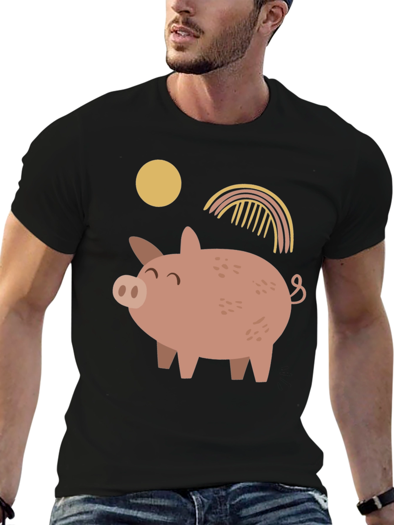 Cute Pig Graphic Print Black T-Shirt