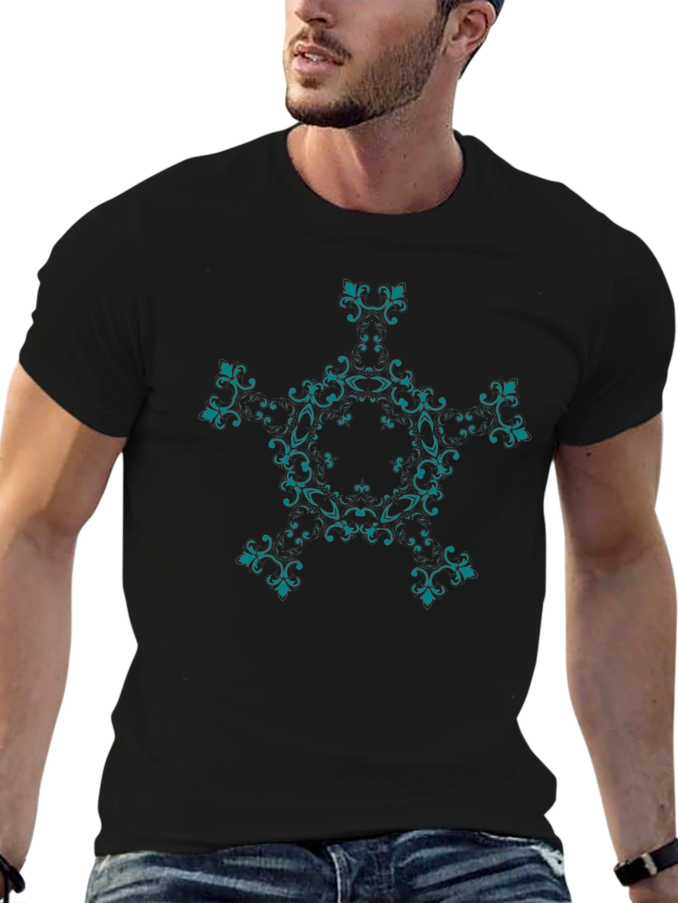 Elegant Black T-Shirt with Teal Floral Design