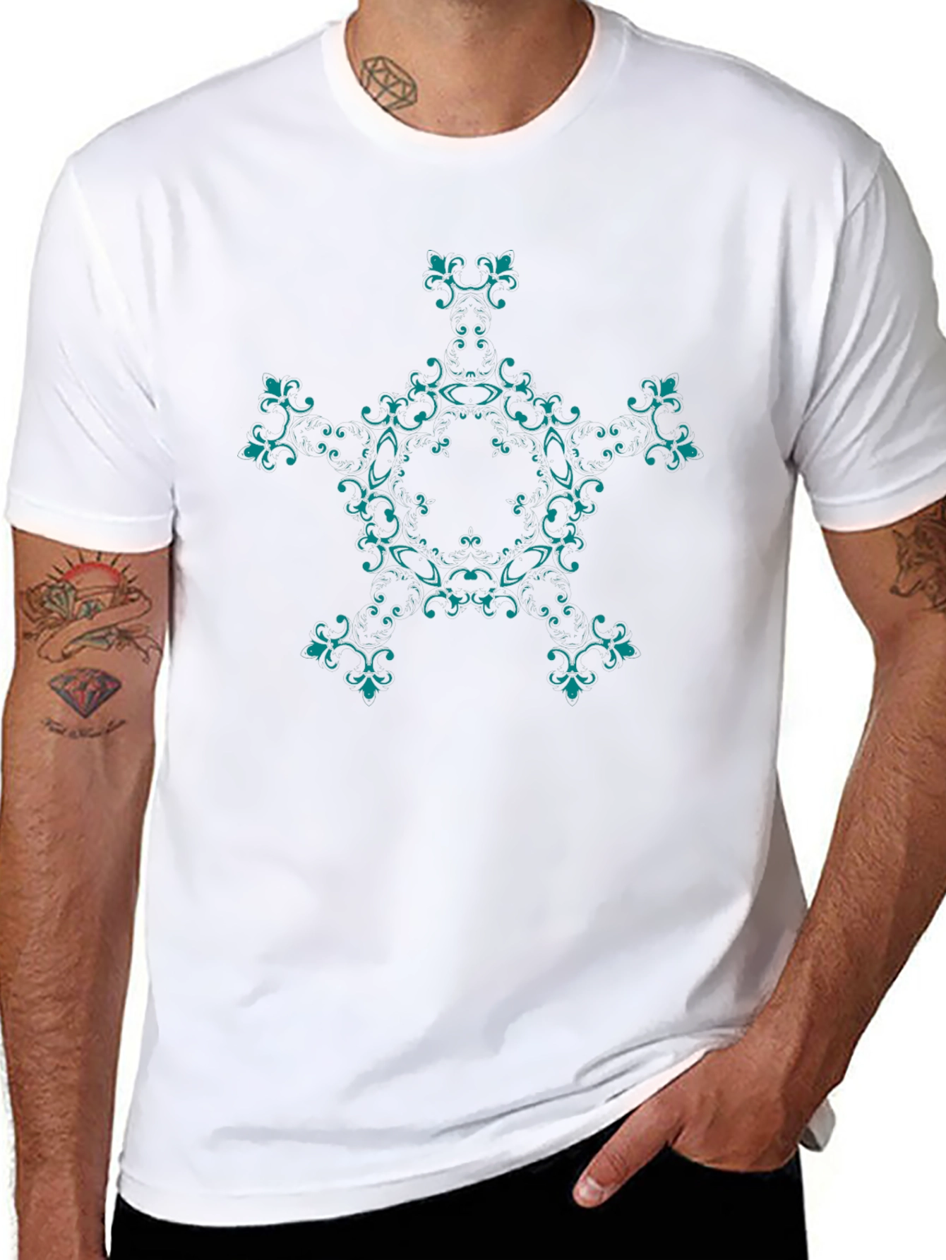 Elegant Black T-Shirt with Teal Floral Design