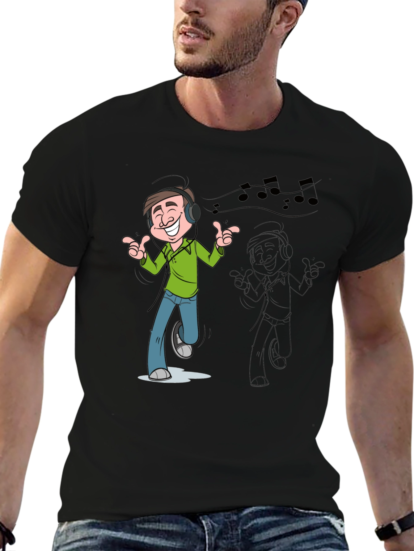 Cartoon Mans Music T-Shirt - Black