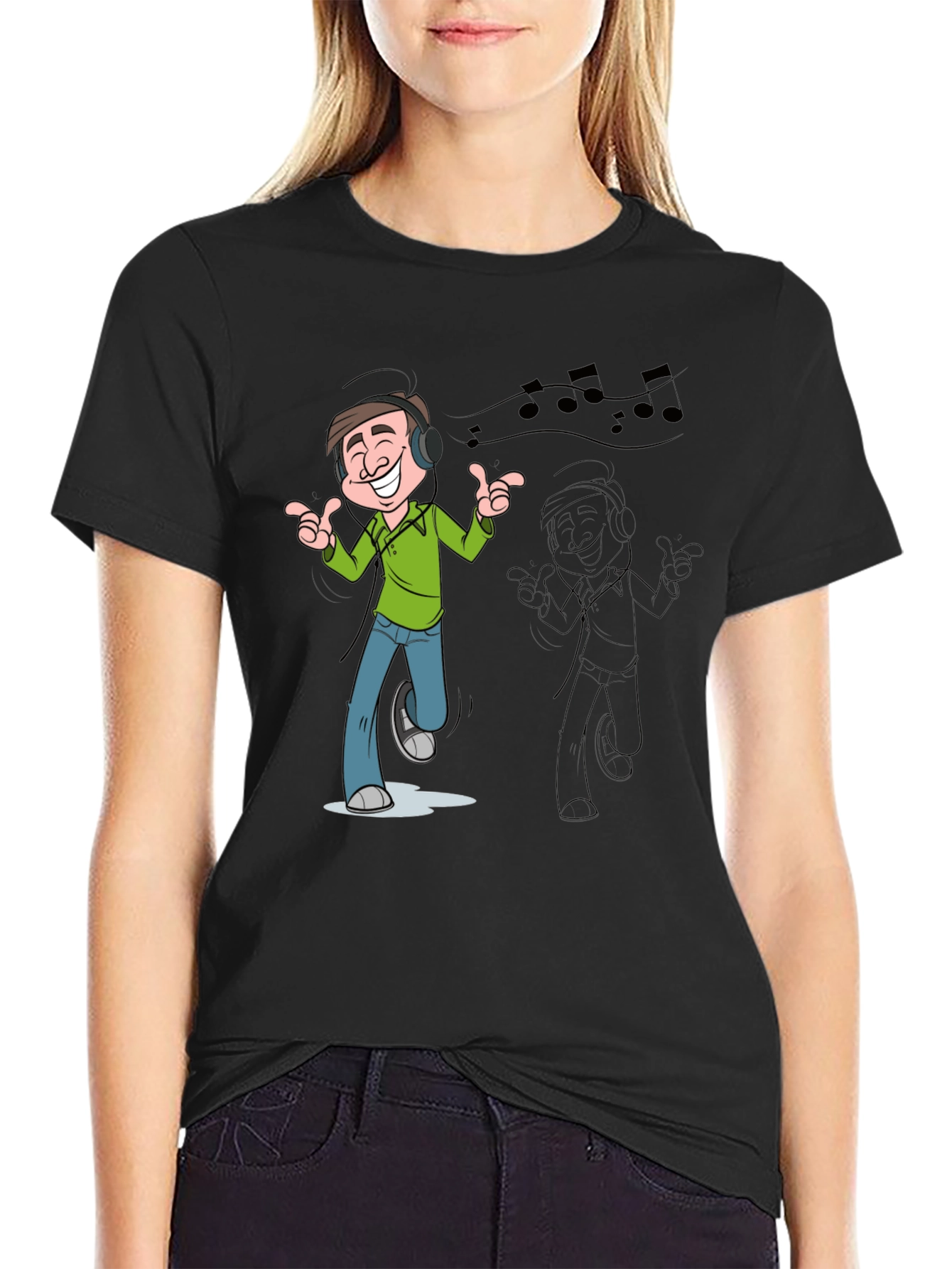 Cartoon Mans Music T-Shirt - Black