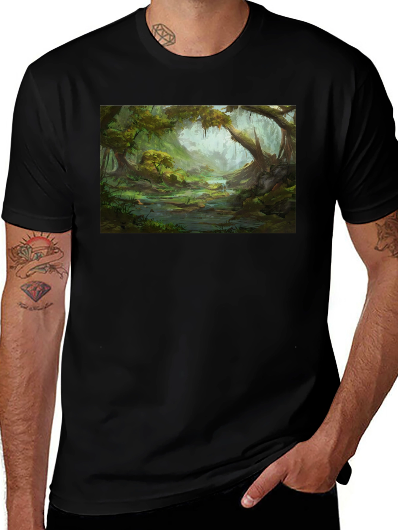 Swamp Landscape Graphic Tee - Black Relaxed Fit