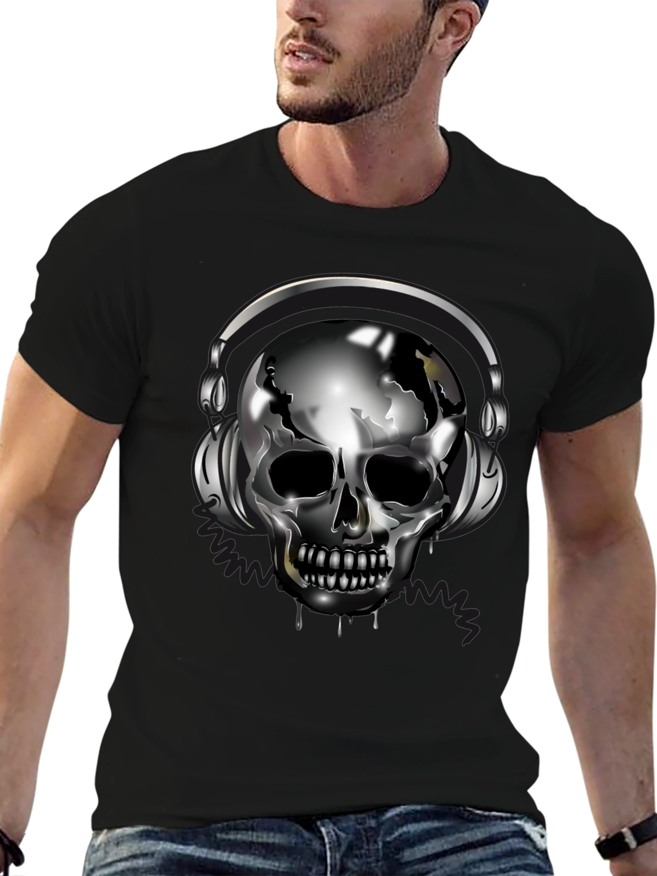 Skull with Headphones Black T-Shirt