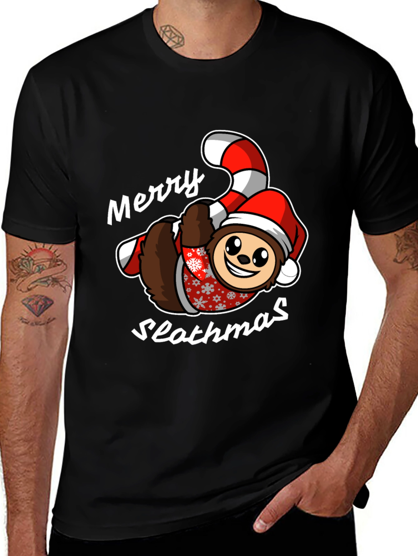 Merry Slothmas T-Shirt - Holiday Sloth Candy Cane Tee