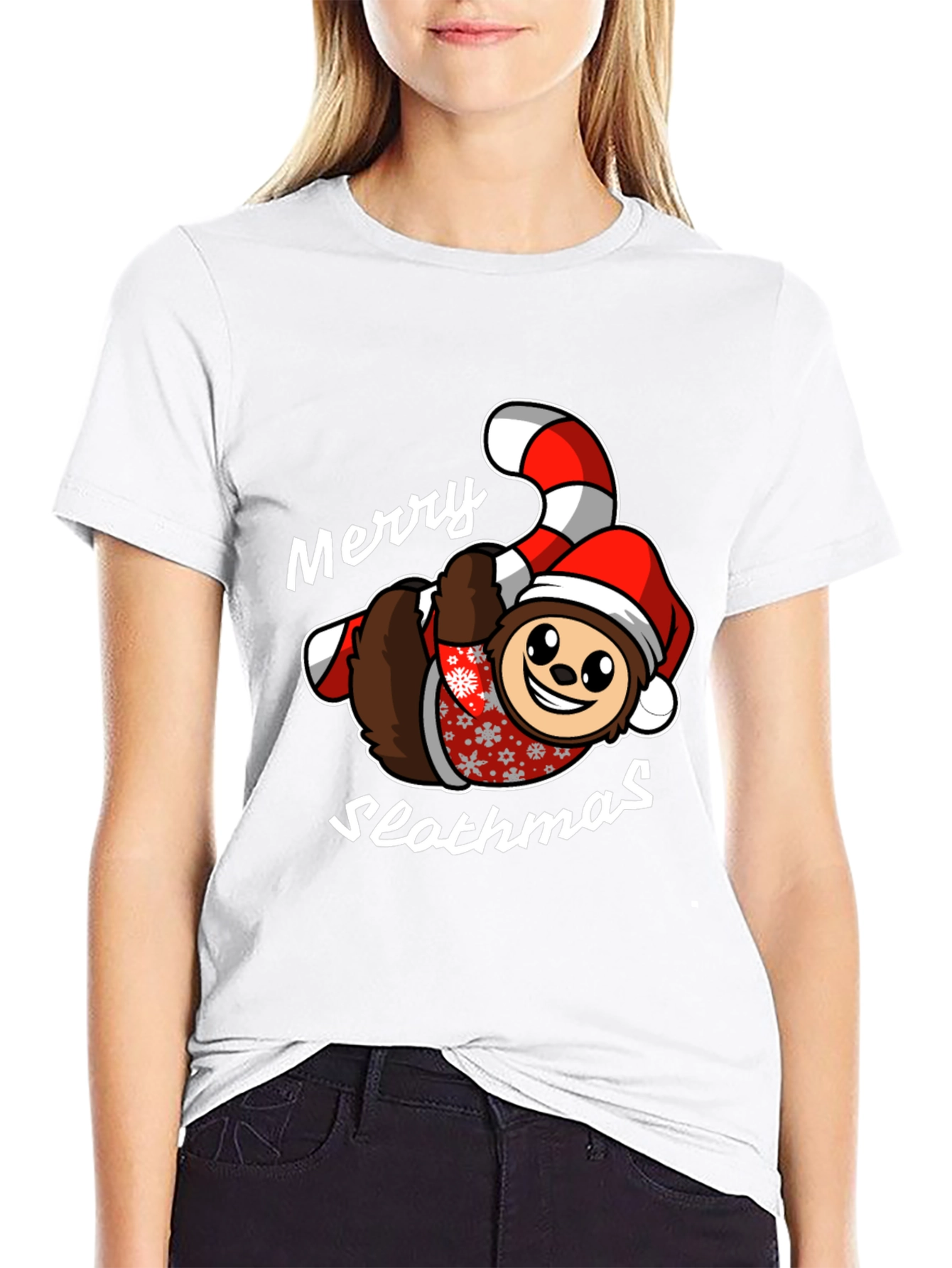 Merry Slothmas T-Shirt - Holiday Sloth Candy Cane Tee