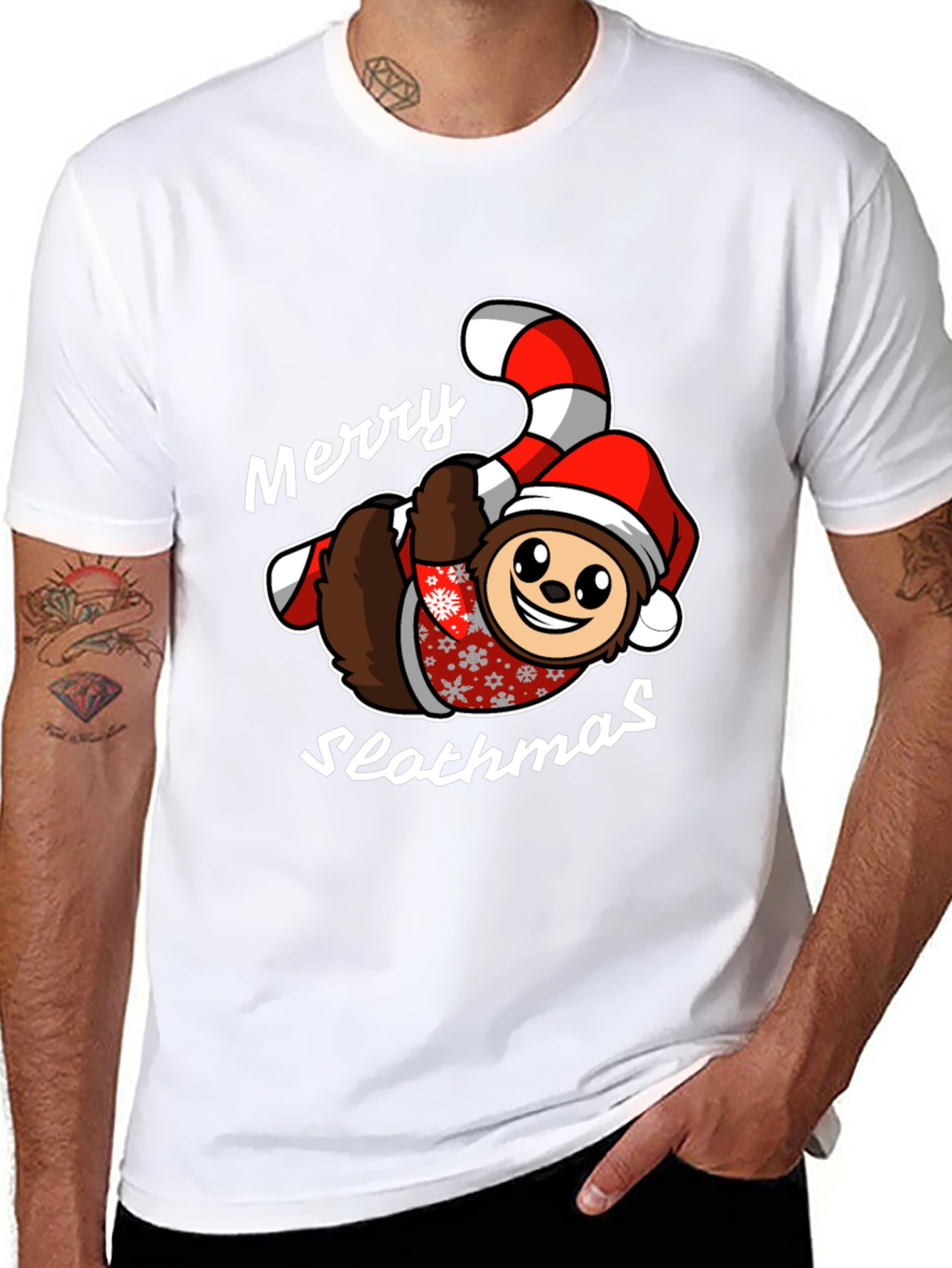 Merry Slothmas T-Shirt - Holiday Sloth Candy Cane Tee