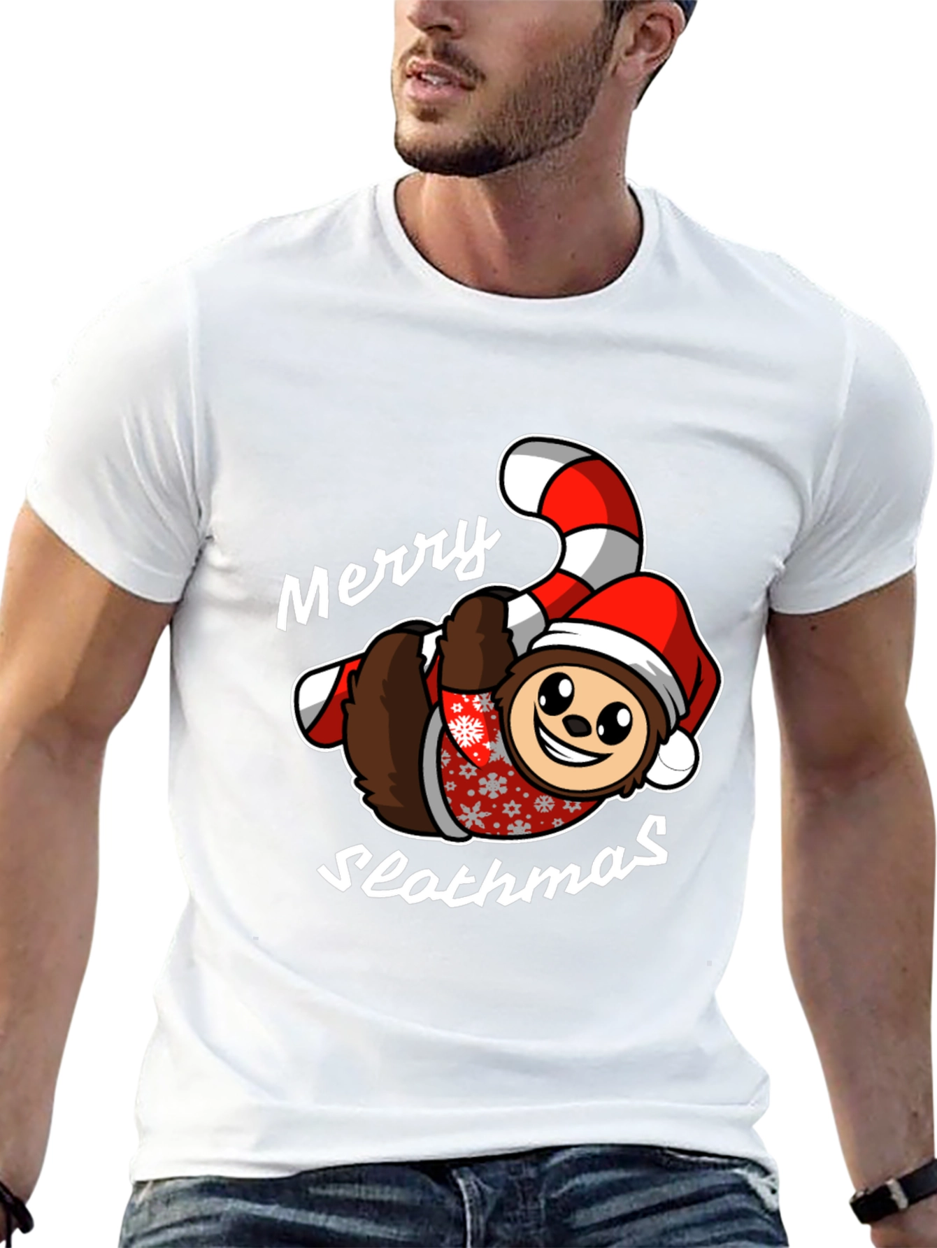 Merry Slothmas T-Shirt - Holiday Sloth Candy Cane Tee