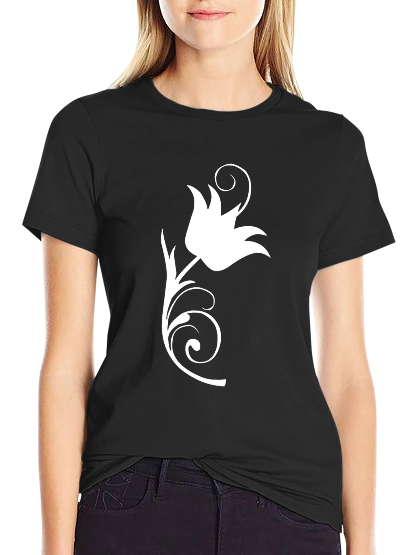 Elegant Black T-Shirt with Floral Design