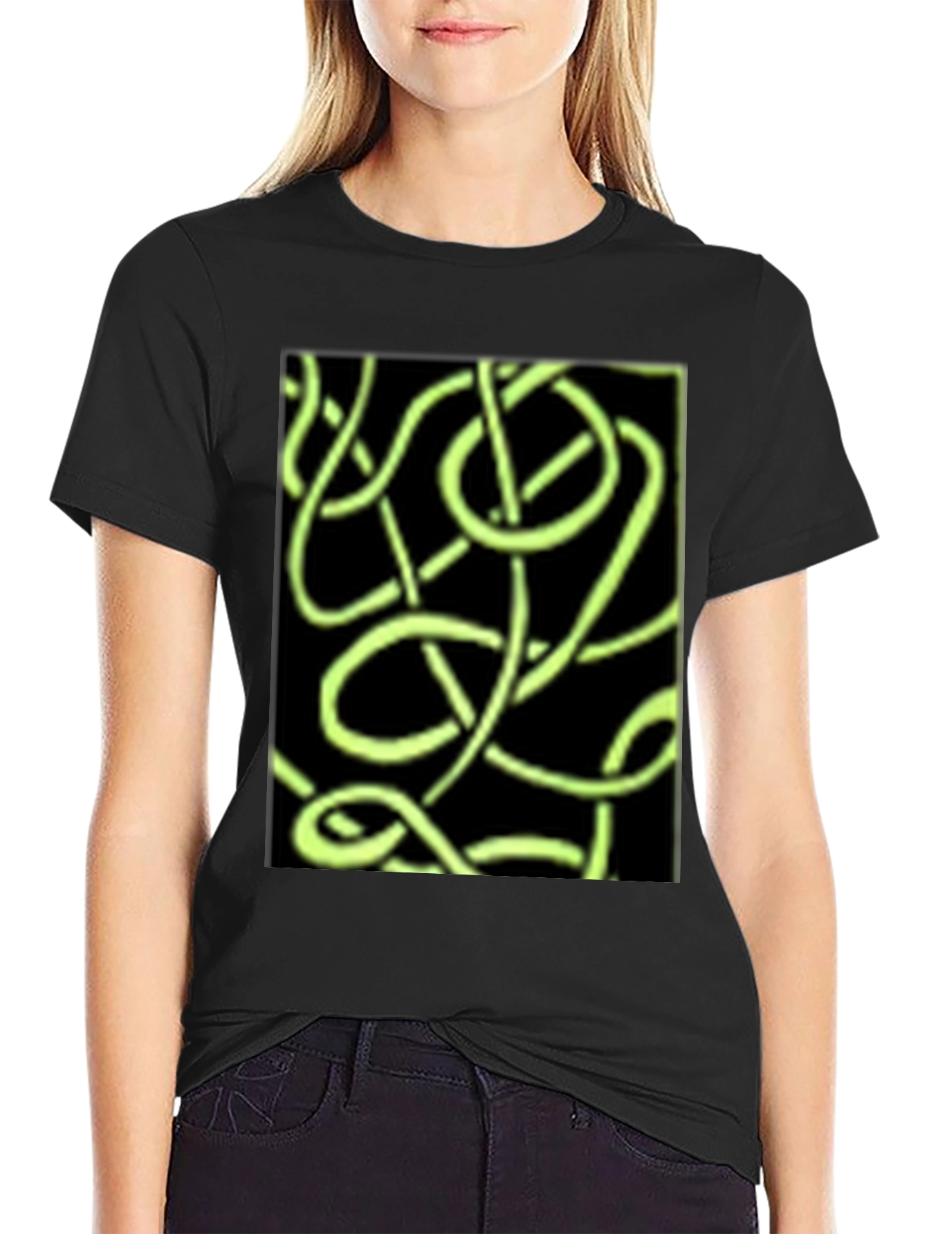 Abstract Neon Green Lines Graphic Black T-Shirt