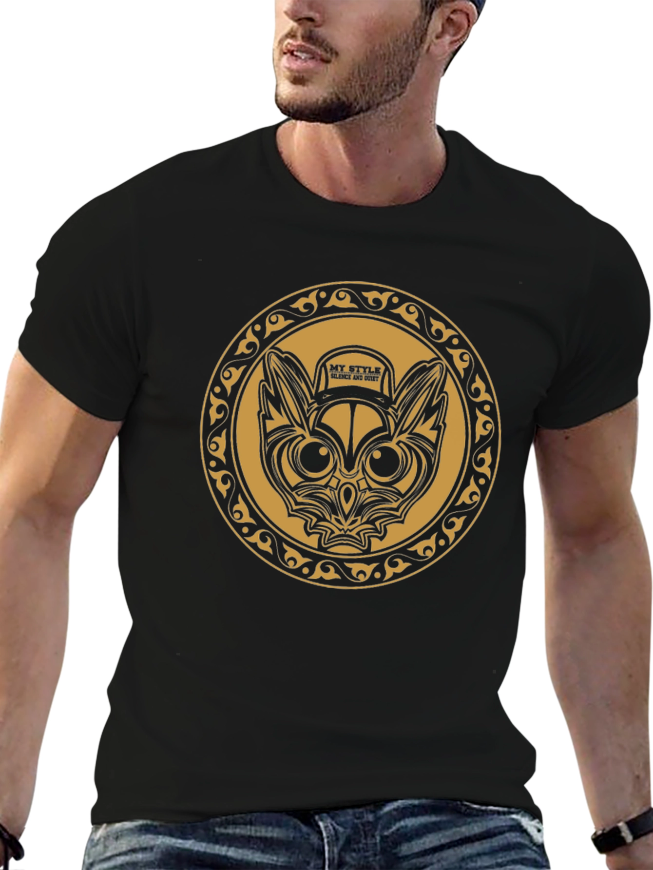 Mens Black Graphic Tee - Owl Design