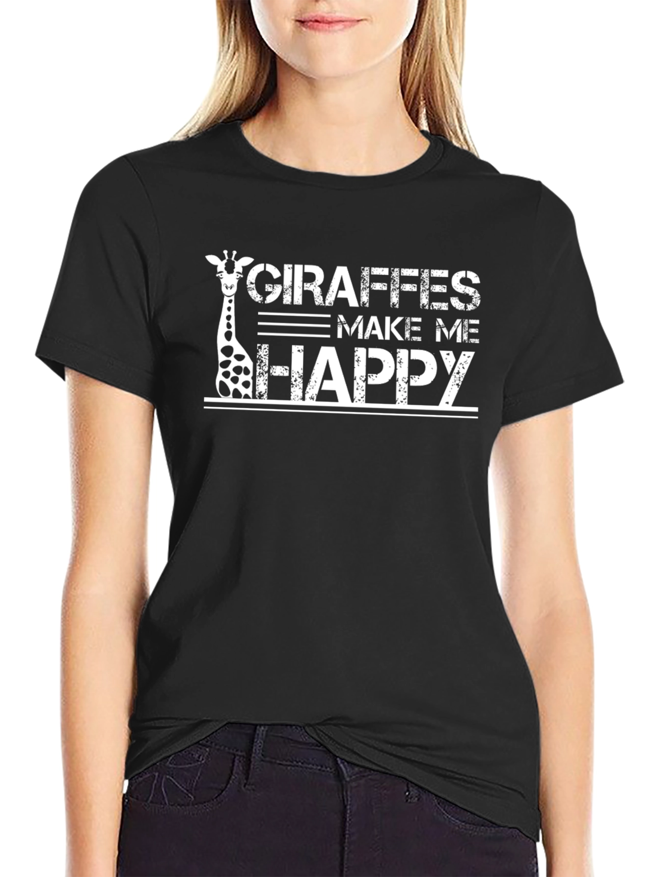 Giraffe Make Me Happy Graphic Black T-Shirt