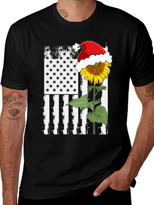 Sunflower Santa Hat USA Flag Graphic T-Shirt