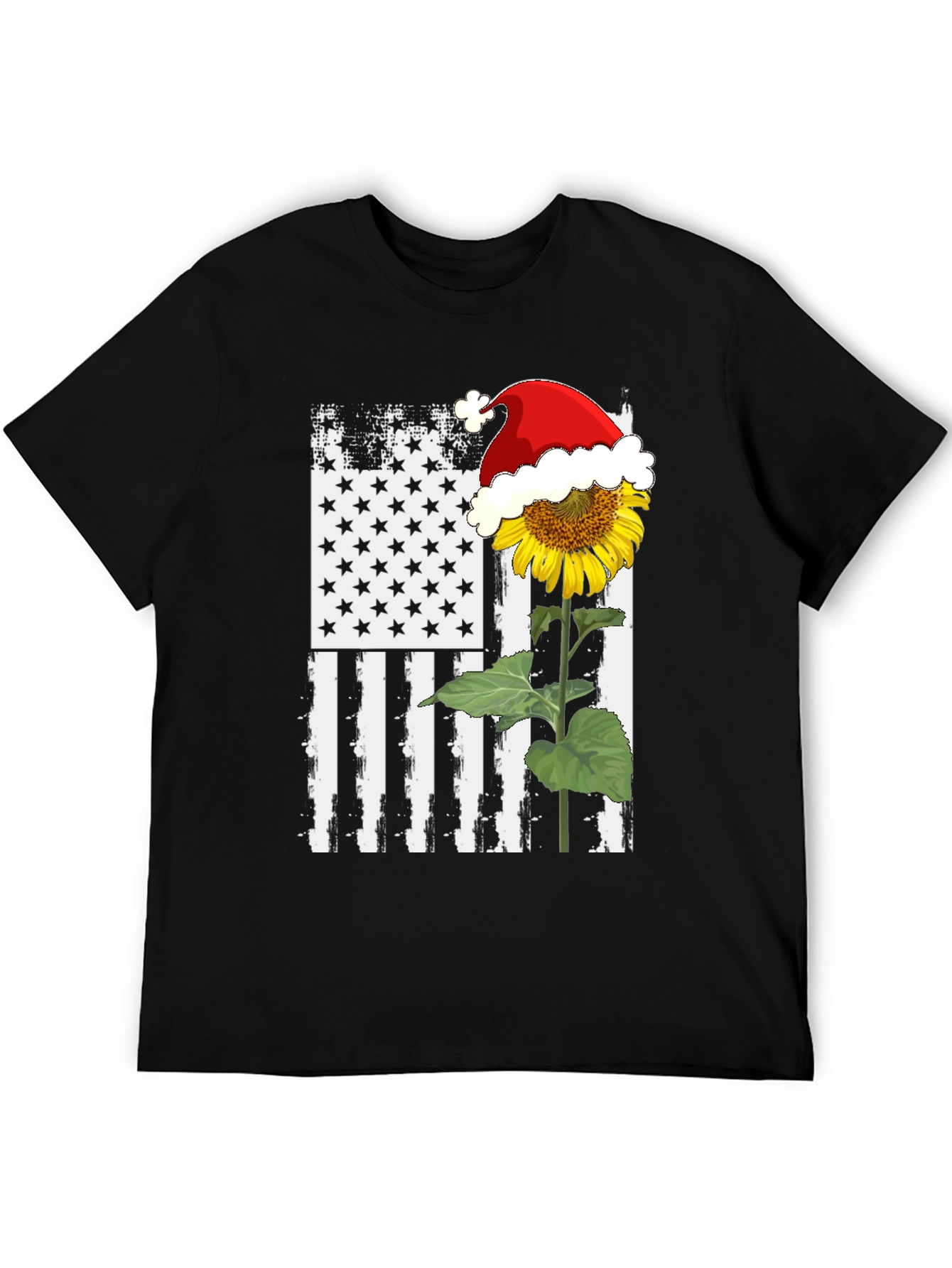 Sunflower Santa Hat USA Flag Graphic T-Shirt