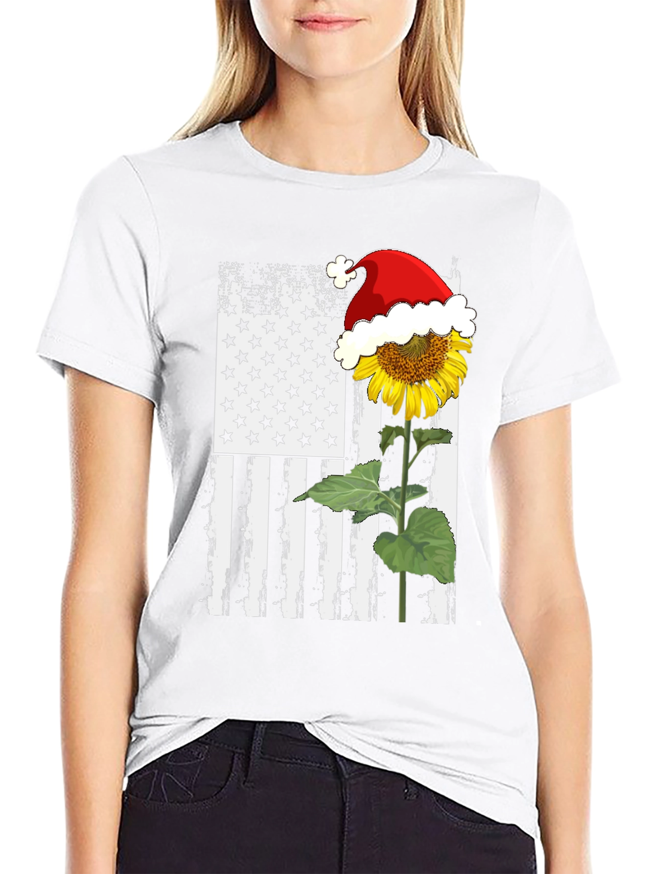 Sunflower Santa Hat USA Flag Graphic T-Shirt