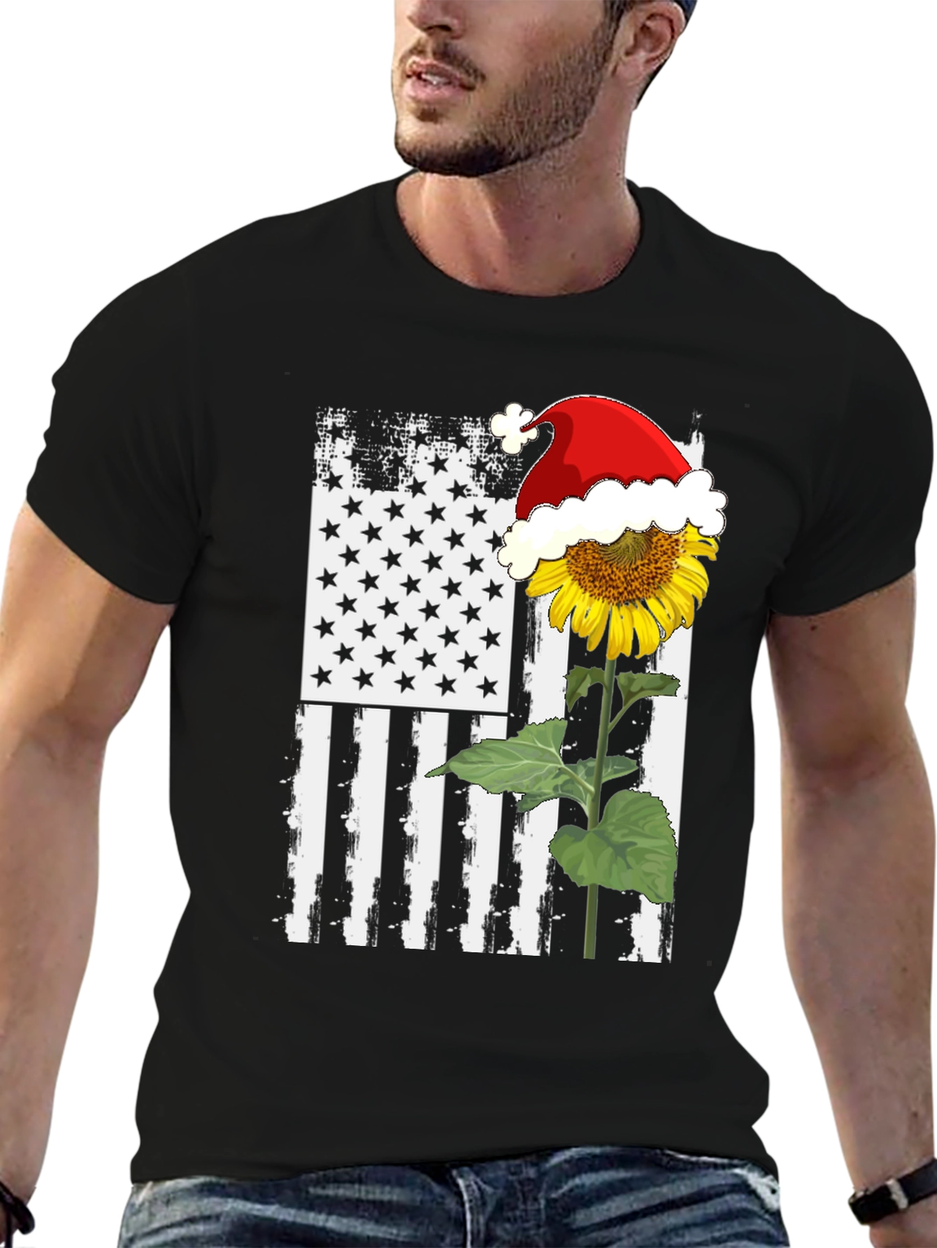 Sunflower Santa Hat USA Flag Graphic T-Shirt