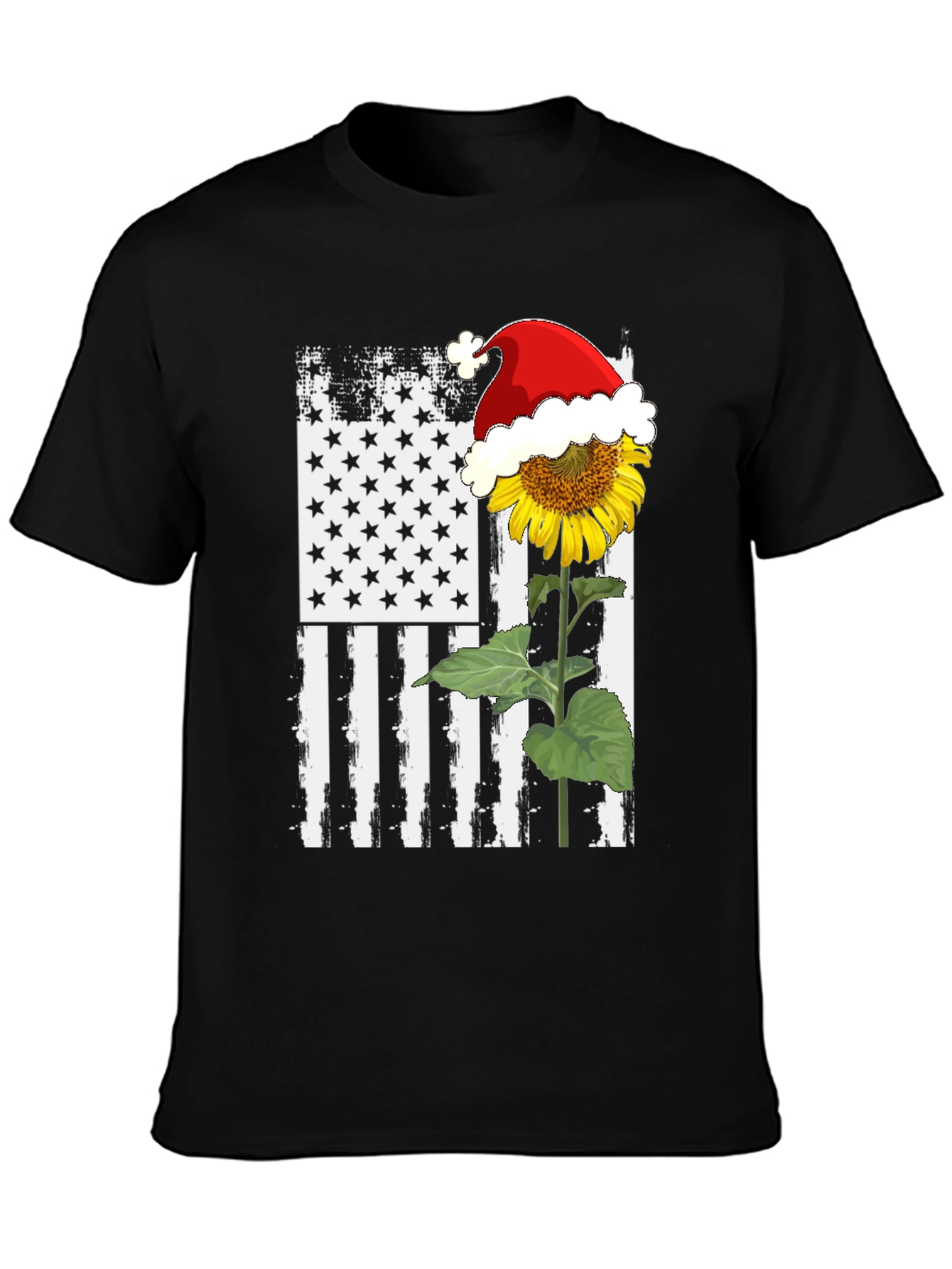 Sunflower Santa Hat USA Flag Graphic T-Shirt
